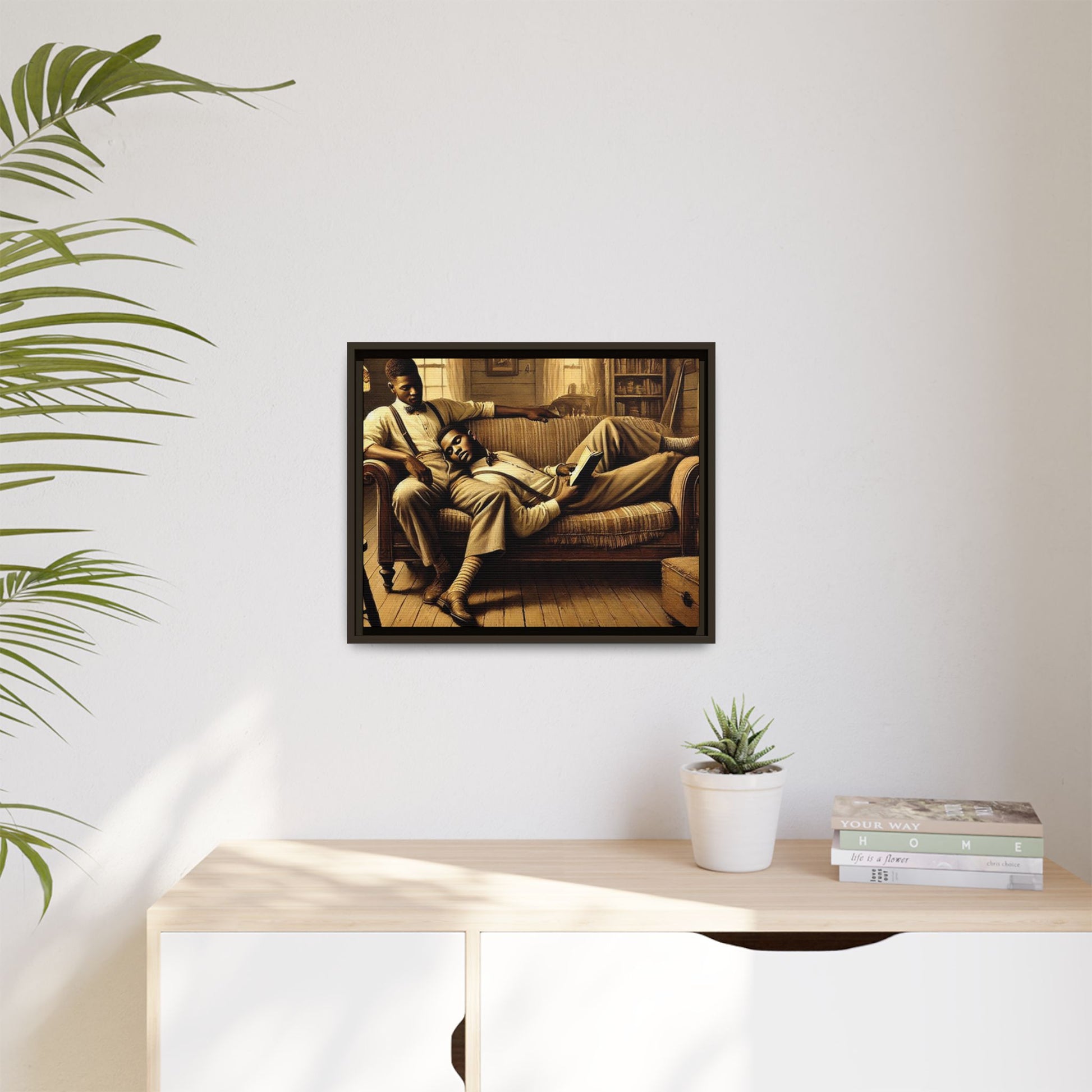 Framed artwork of an African-American gay couple sharing an intimate moment on a rustic sofa, inspired by Grant Wood’s style