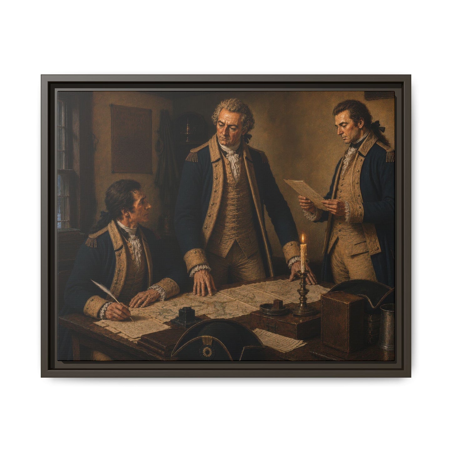 Museum-inspired oil painting of Baron Friedrich Wilhelm von Steuben with Benjamin Walker and William North reviewing military correspondence inside Continental Army winter headquarters during the Revolutionary War.