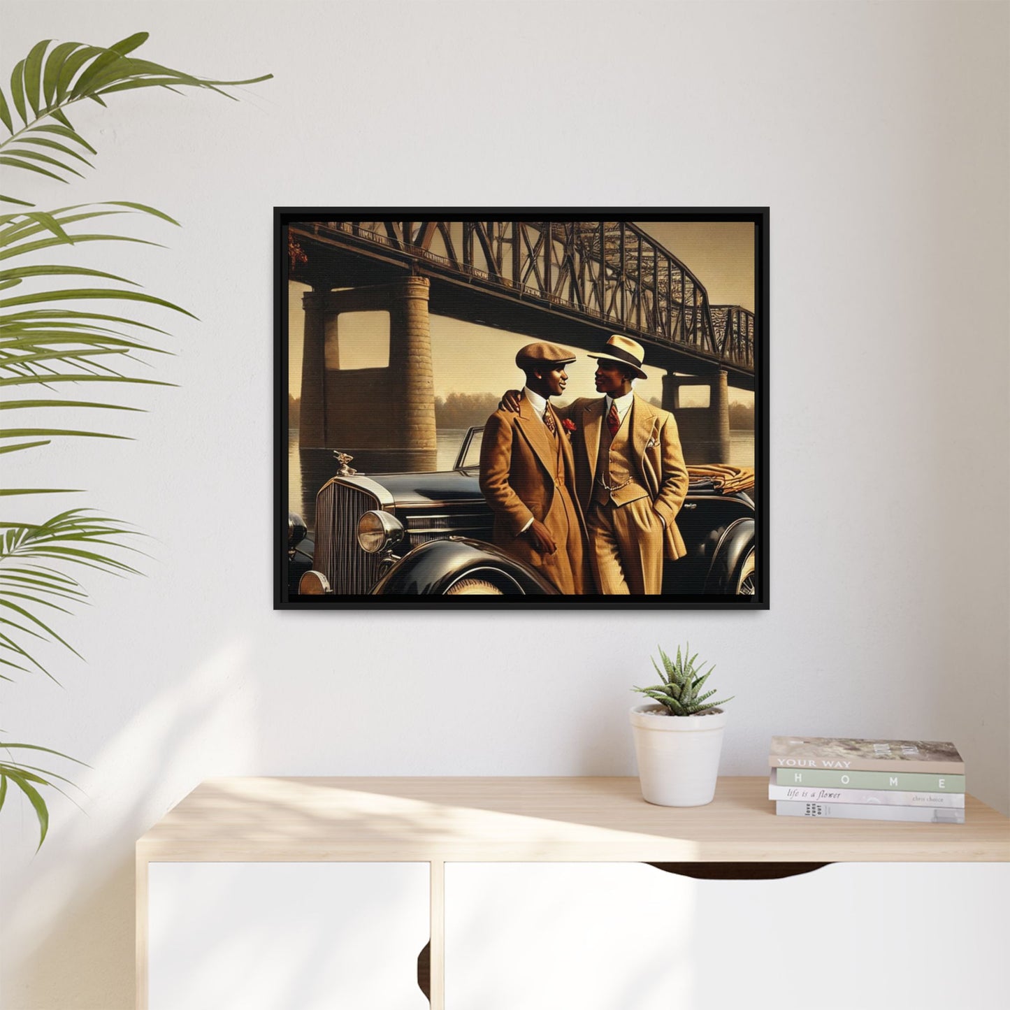 Vintage-style artwork of an African-American gay couple in the 1930s with a Packard car by the Mississippi River, celebrating love and inclusivity.