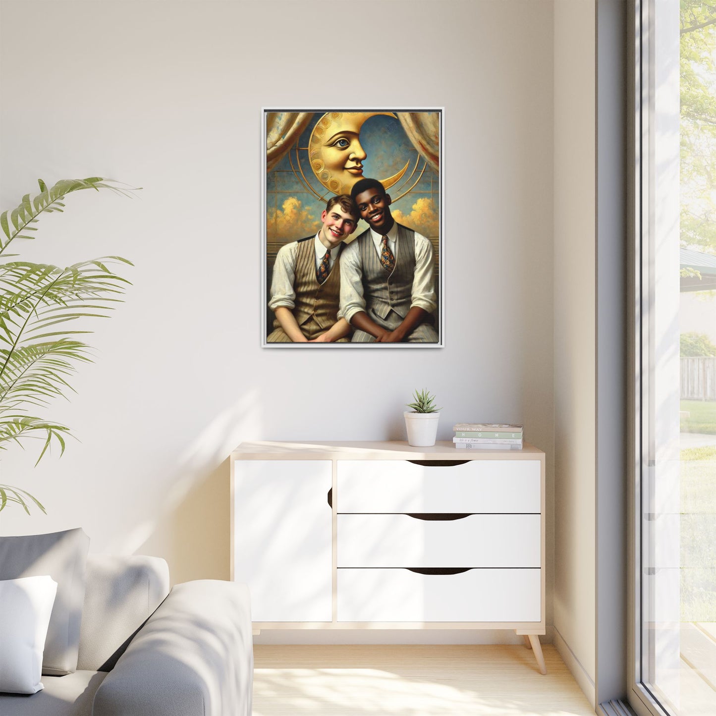 A vintage-style artwork showing a young interracial gay couple in 1920s attire sitting beneath a golden crescent moon with a serene expression. Their joyful closeness reclaims erased queer history and reflects the beauty of interracial love through a lens of tenderness and celebration.