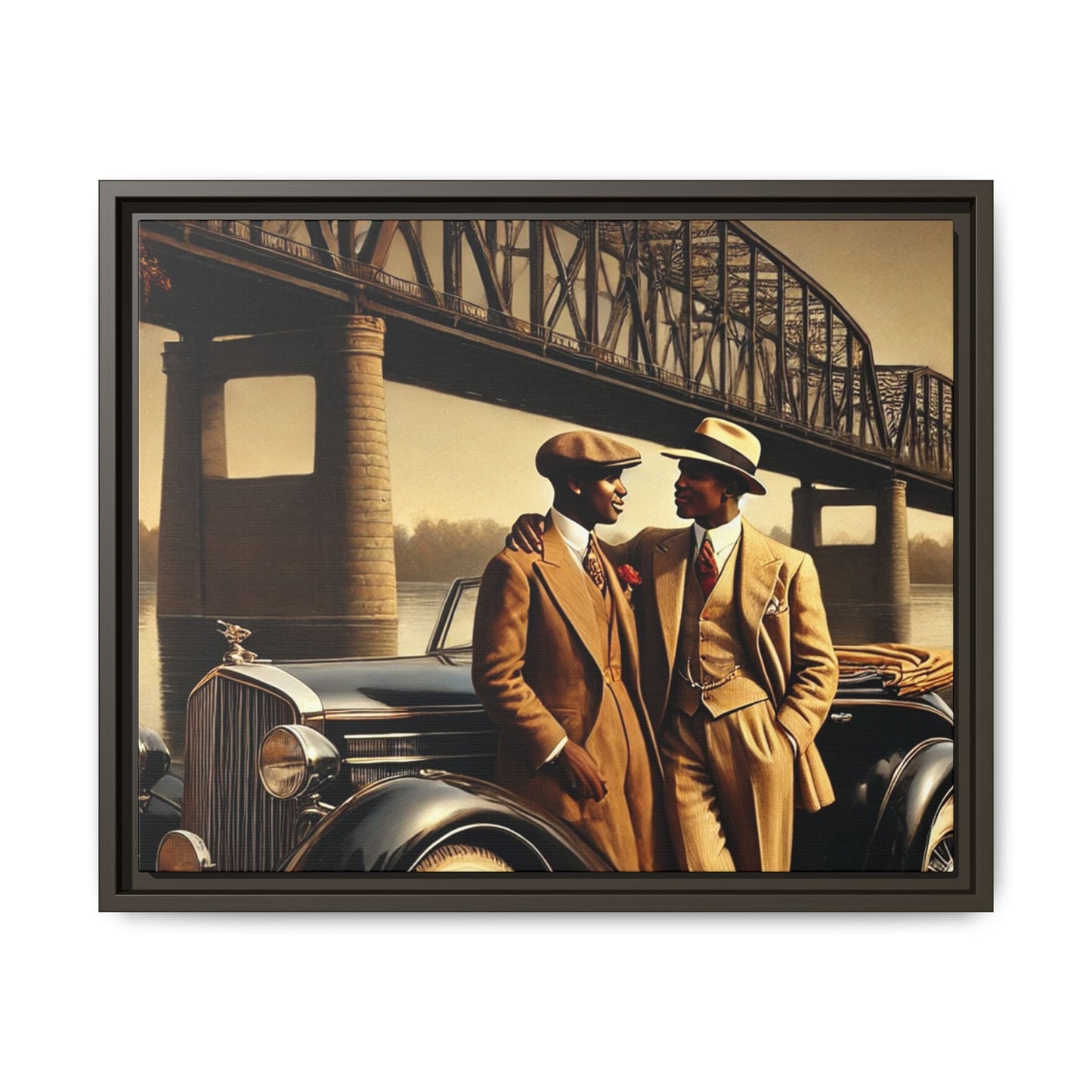 Vintage-style artwork of an African-American gay couple in the 1930s with a Packard car by the Mississippi River, celebrating love and inclusivity.