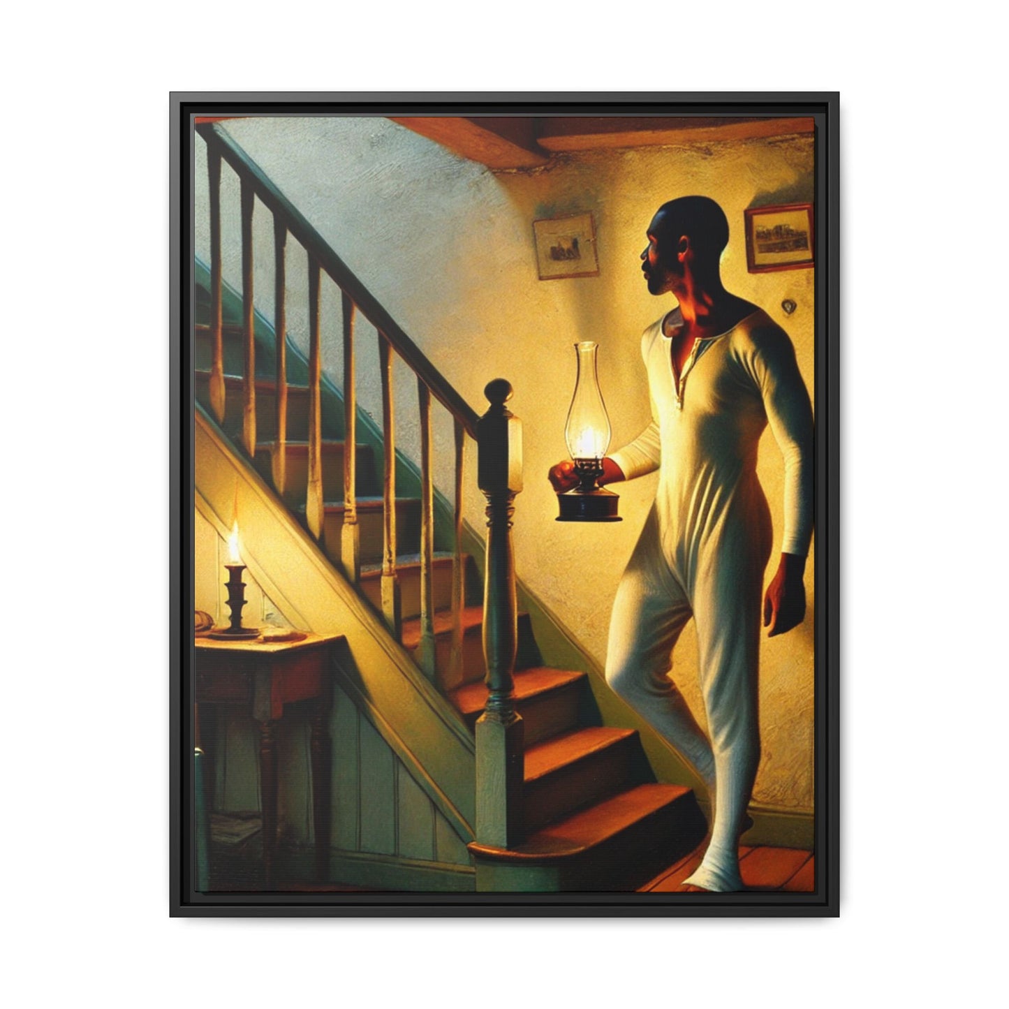 Framed artwork of an African-American man holding a lantern on a staircase, inspired by Grant Wood's style.