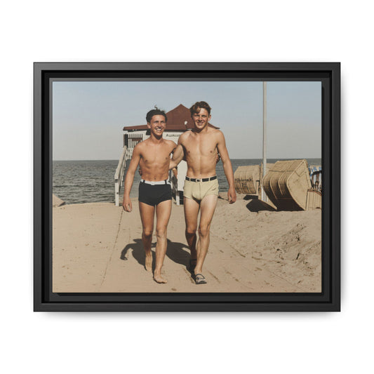 Two men walking on beach vintage photograph restored and colorized 