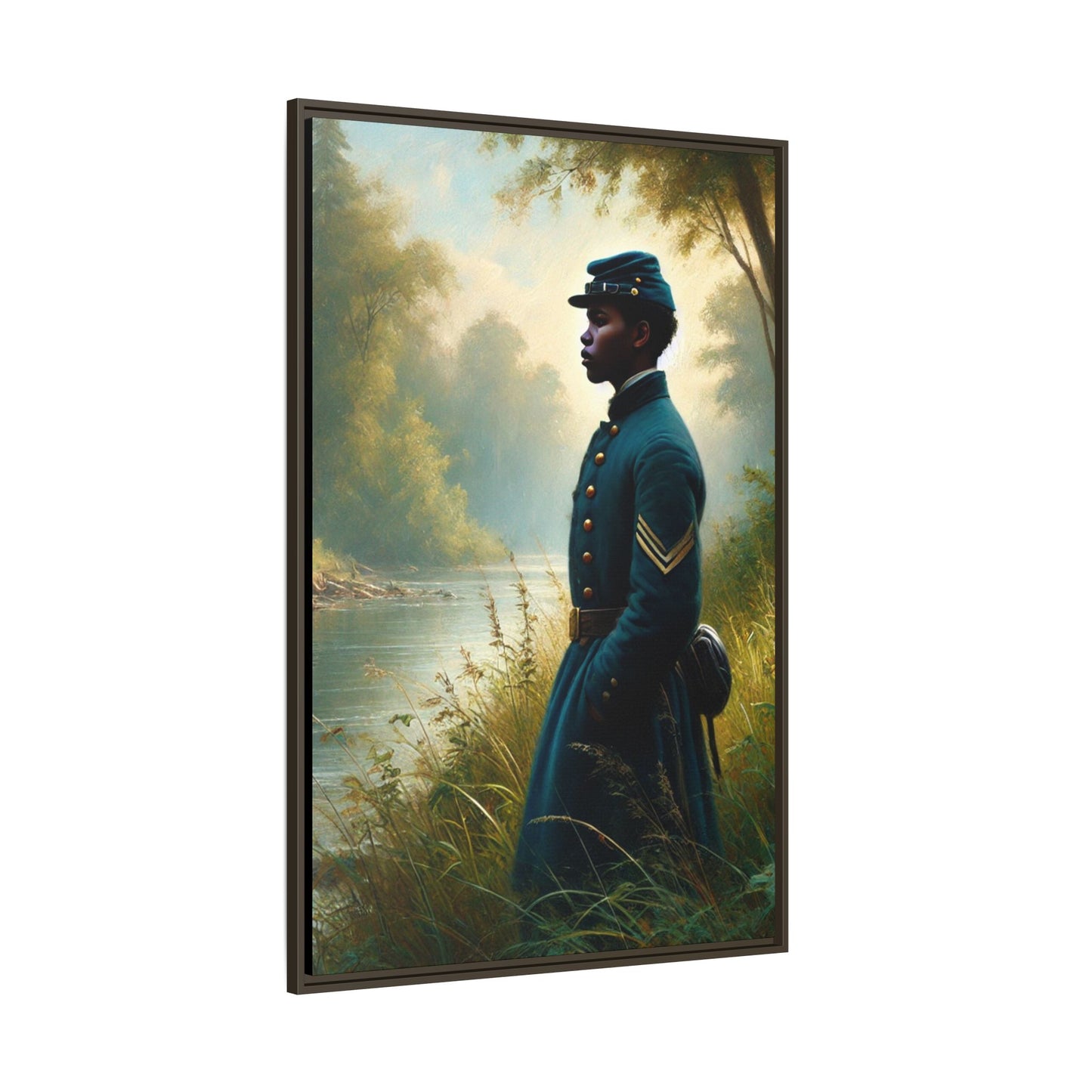 Portrait of an African American Union soldier standing solemnly by a riverside, inspired by Walt Whitman’s Leaves of Grass and Drum-Taps, honoring sacrifice, resilience, and history. Grant Wood Inspired