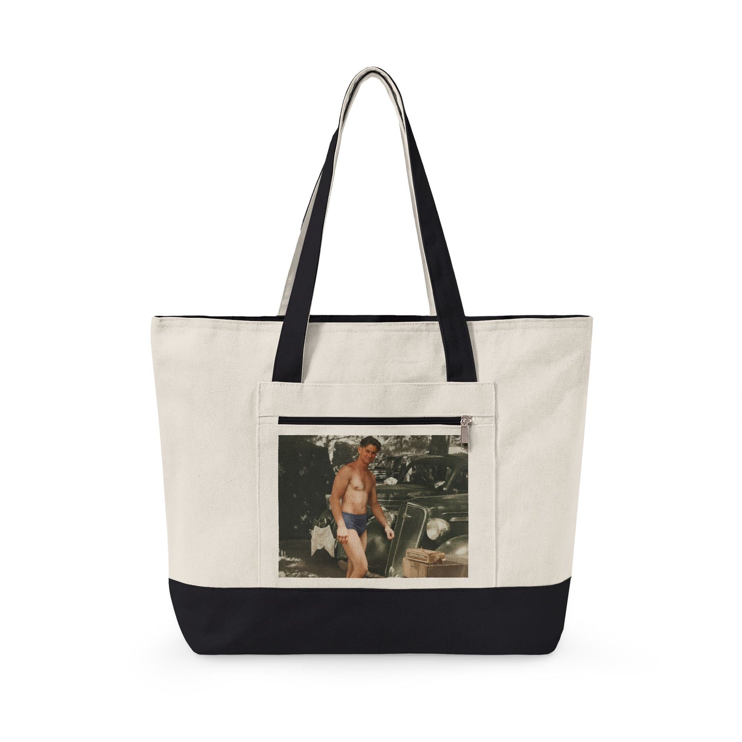 Young man by classic car vintage zippered canvas tote 