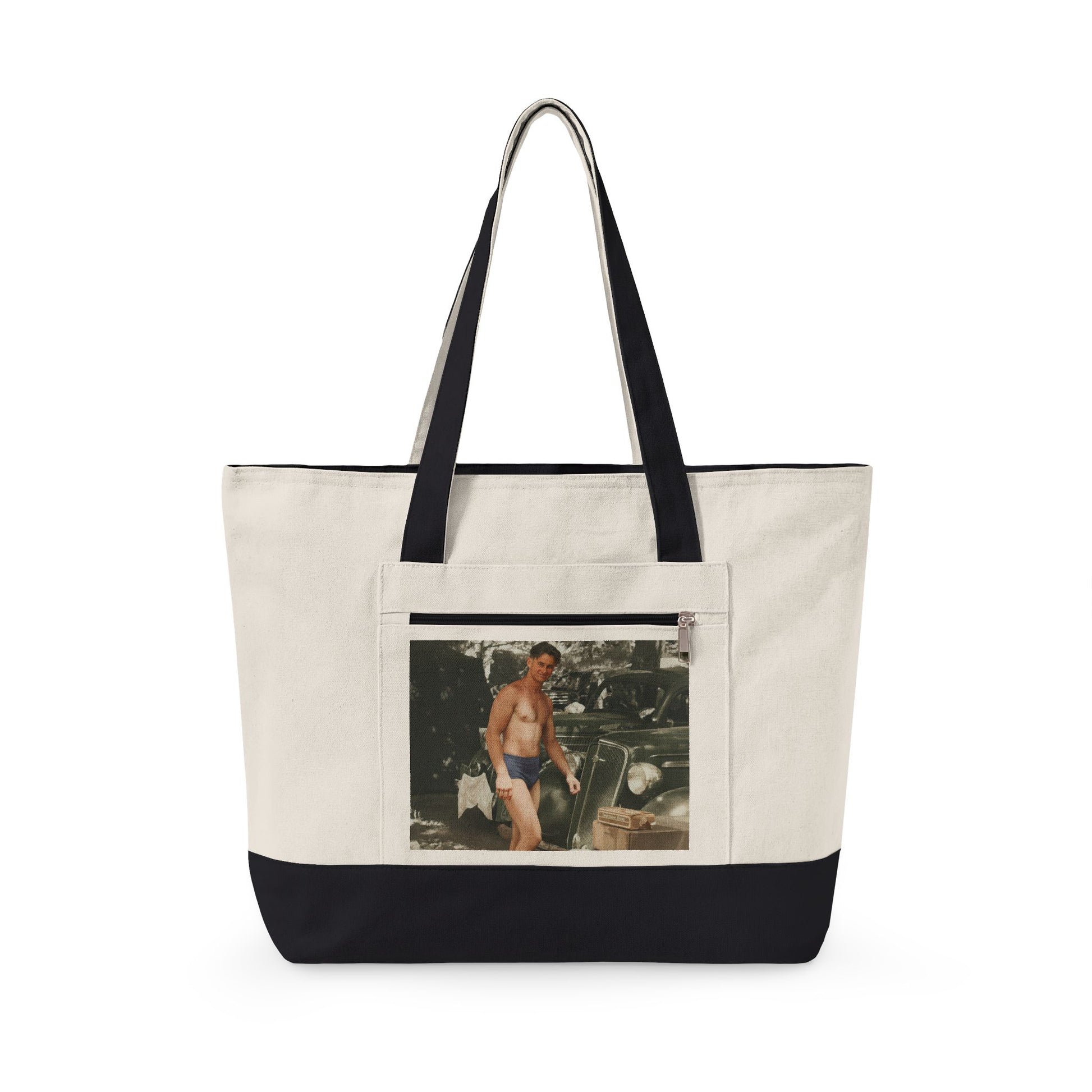 Young man by classic car vintage zippered canvas tote 
