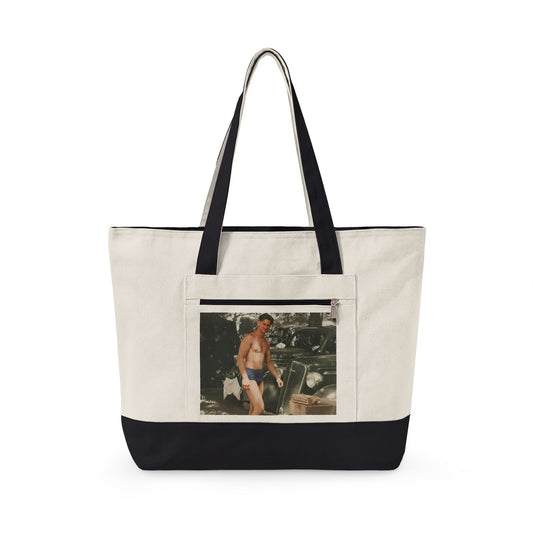 Young man by classic car vintage zippered canvas tote 