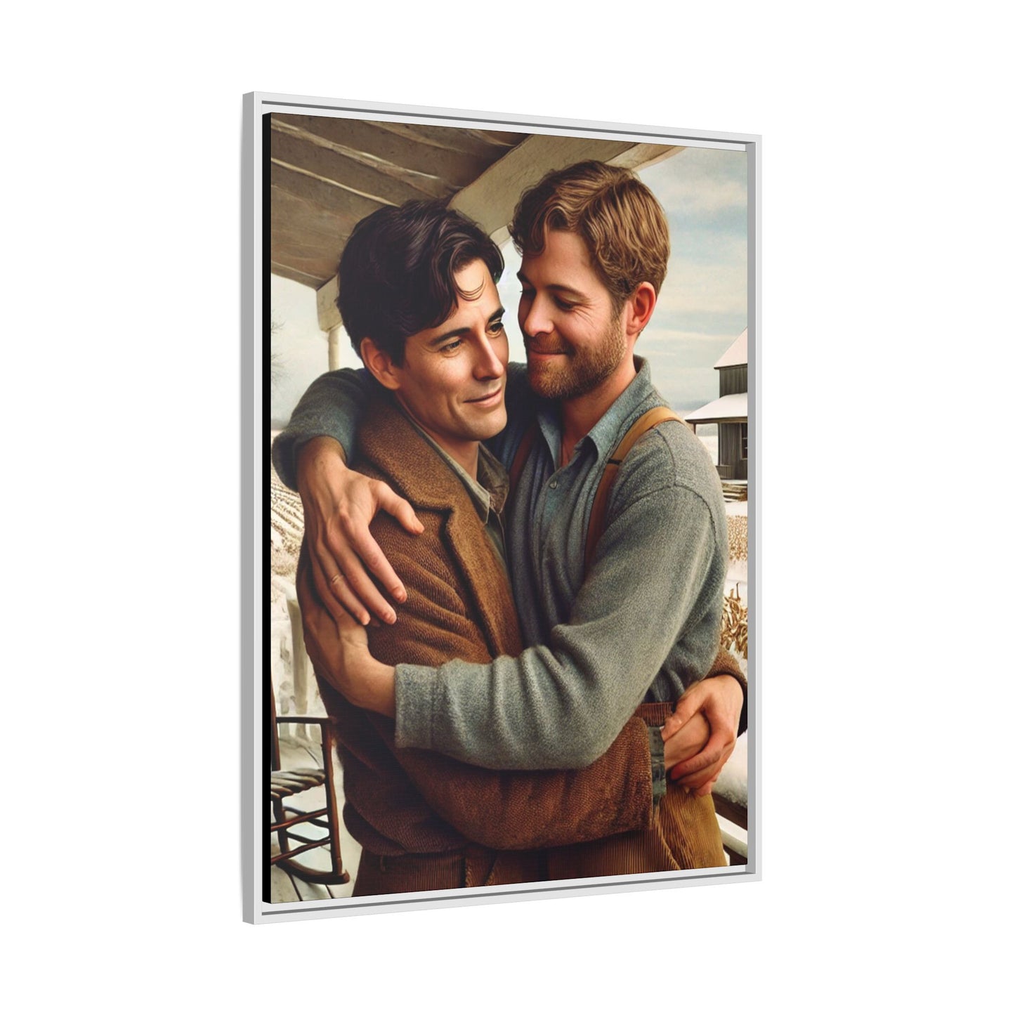 Artwork of a tender moment between two men embracing on a rustic farm porch in 1930s-style clothing. Set against a snowy, vintage rural backdrop, this image captures LGBTQ+ love and connection with a nostalgic Americana feel