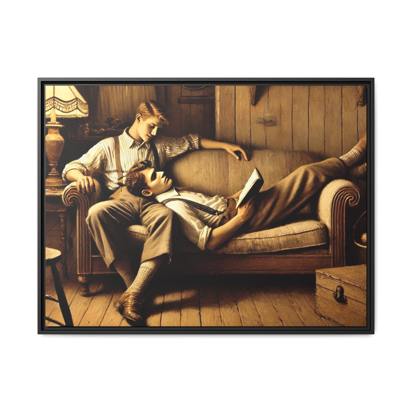 Art of a gay couple sharing an intimate moment on a cozy sofa in a rustic living room, inspired by Grant Wood’s style