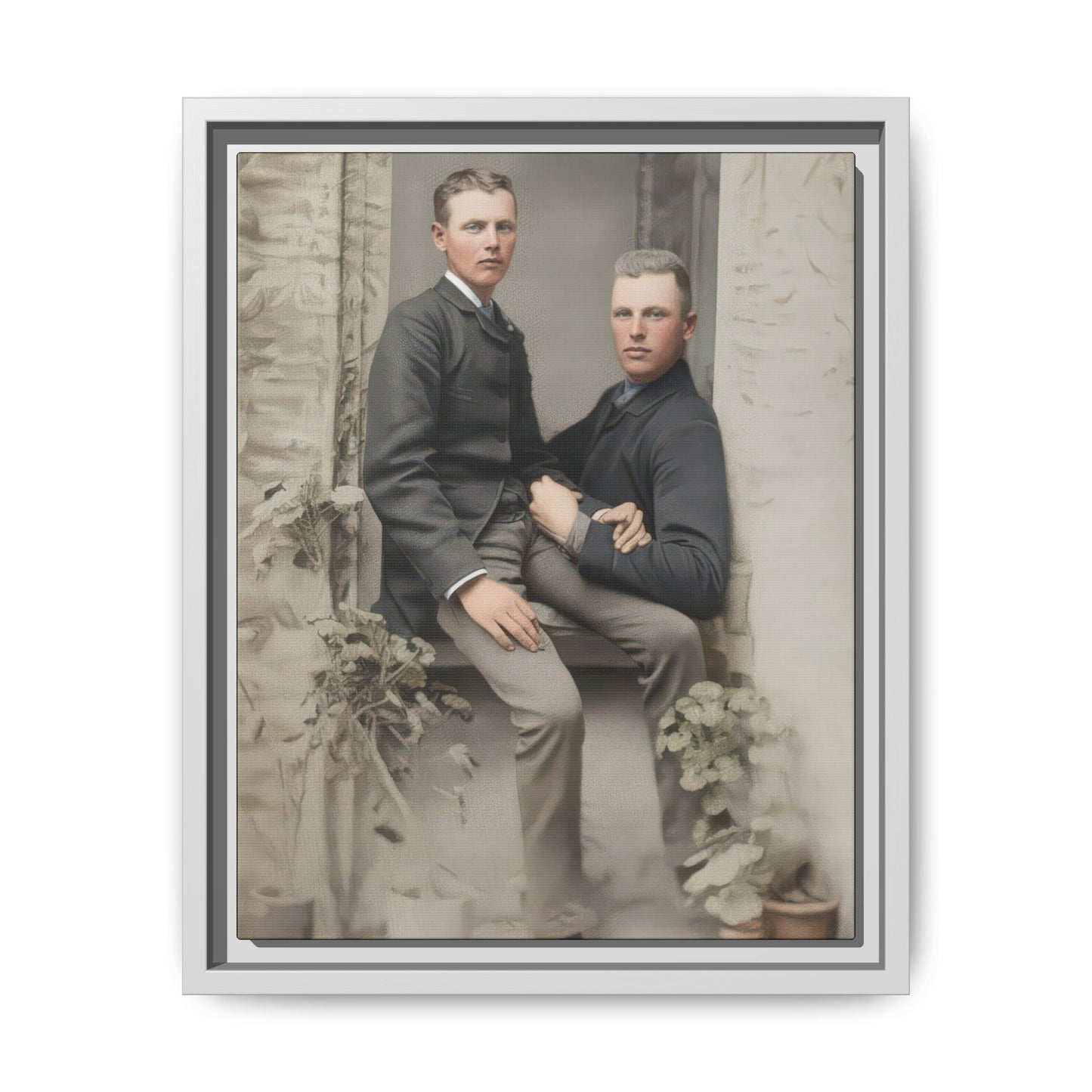 Historical companion portrait with tailored clothing and textured studio backdrop
