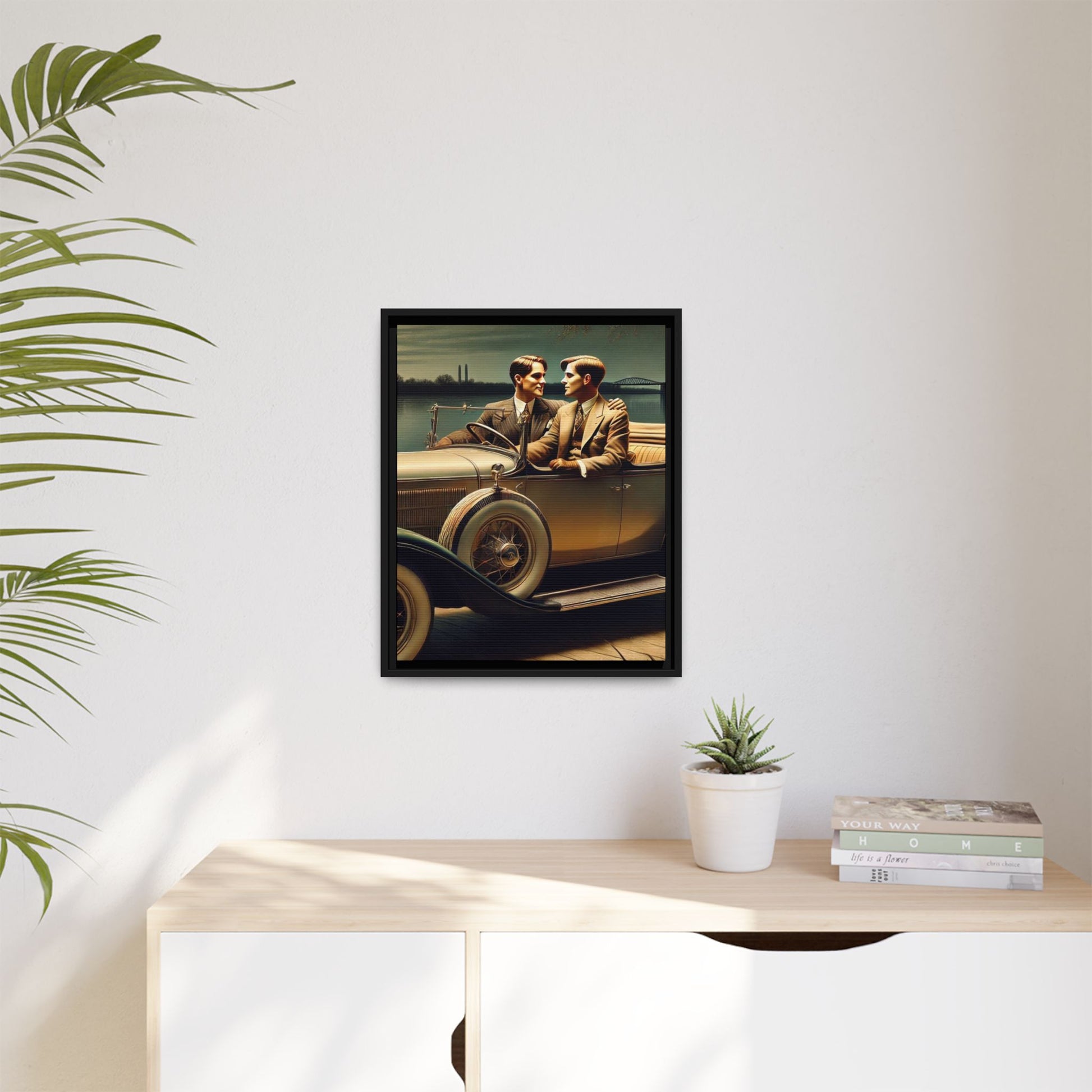 Vintage-style artwork of a gay couple in a 1930 Packard car by the Mississippi River under moonlight, celebrating love and history.