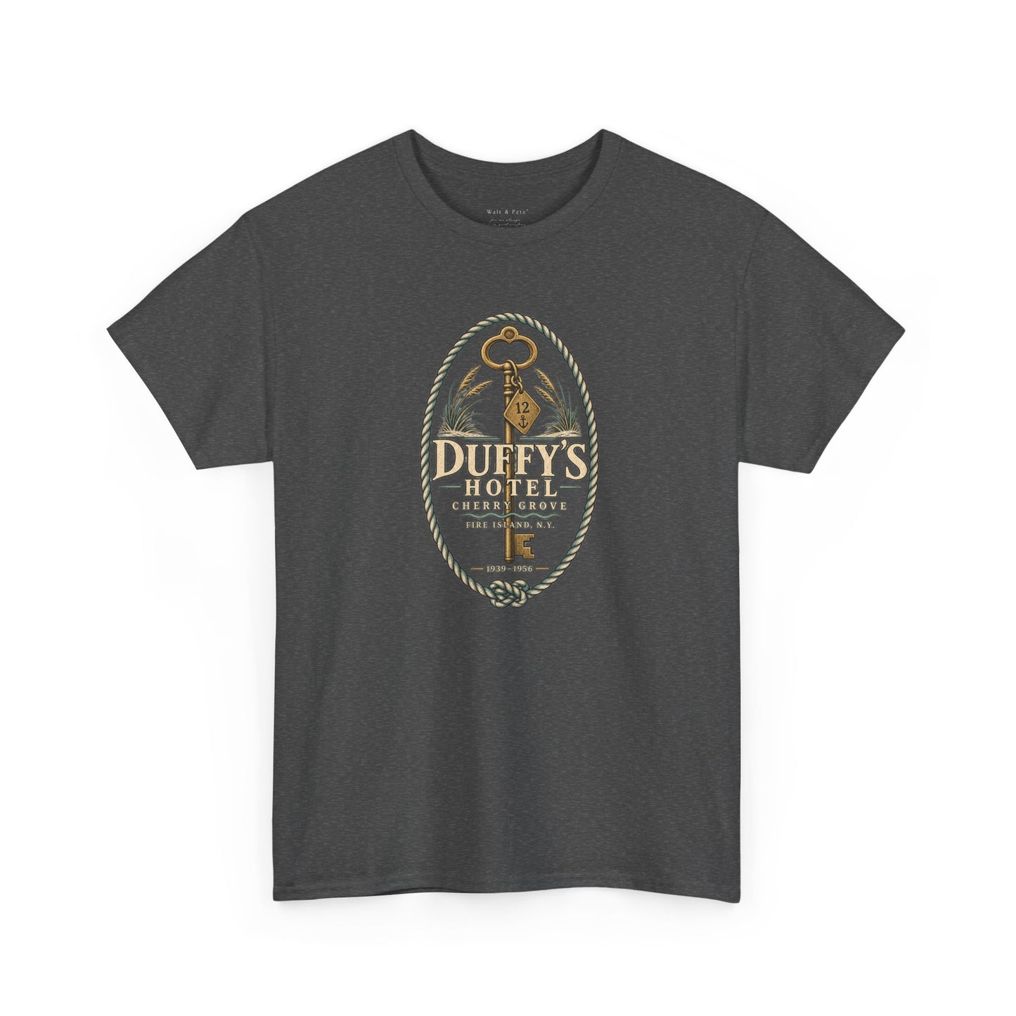 Front and back of the Duffy’s Hotel Cherry Grove Fire Island vintage LGBTQ+ history T-shirt featuring a hotel key emblem and 1940s-style ferry illustration