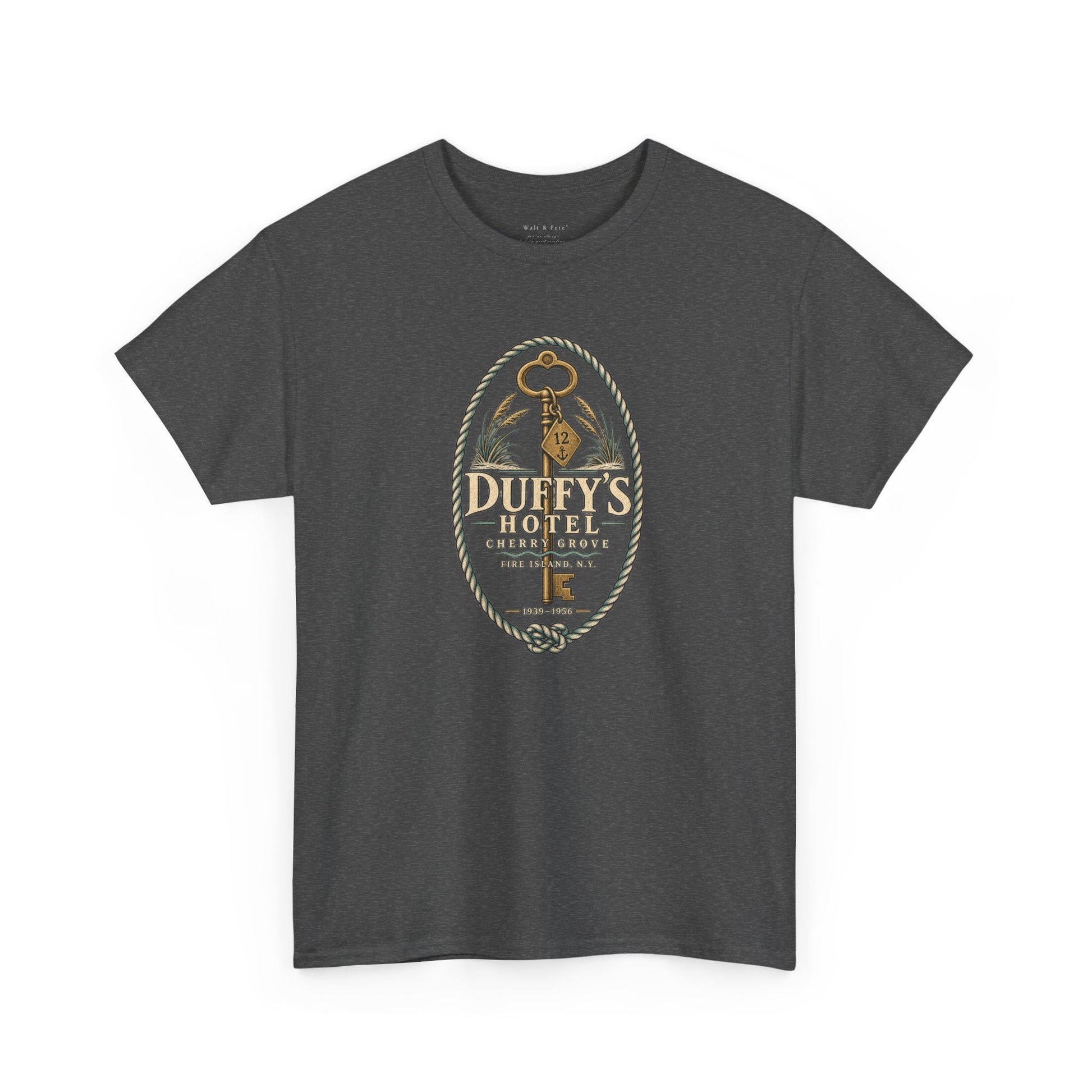 Front and back of the Duffy’s Hotel Cherry Grove Fire Island vintage LGBTQ+ history T-shirt featuring a hotel key emblem and 1940s-style ferry illustration