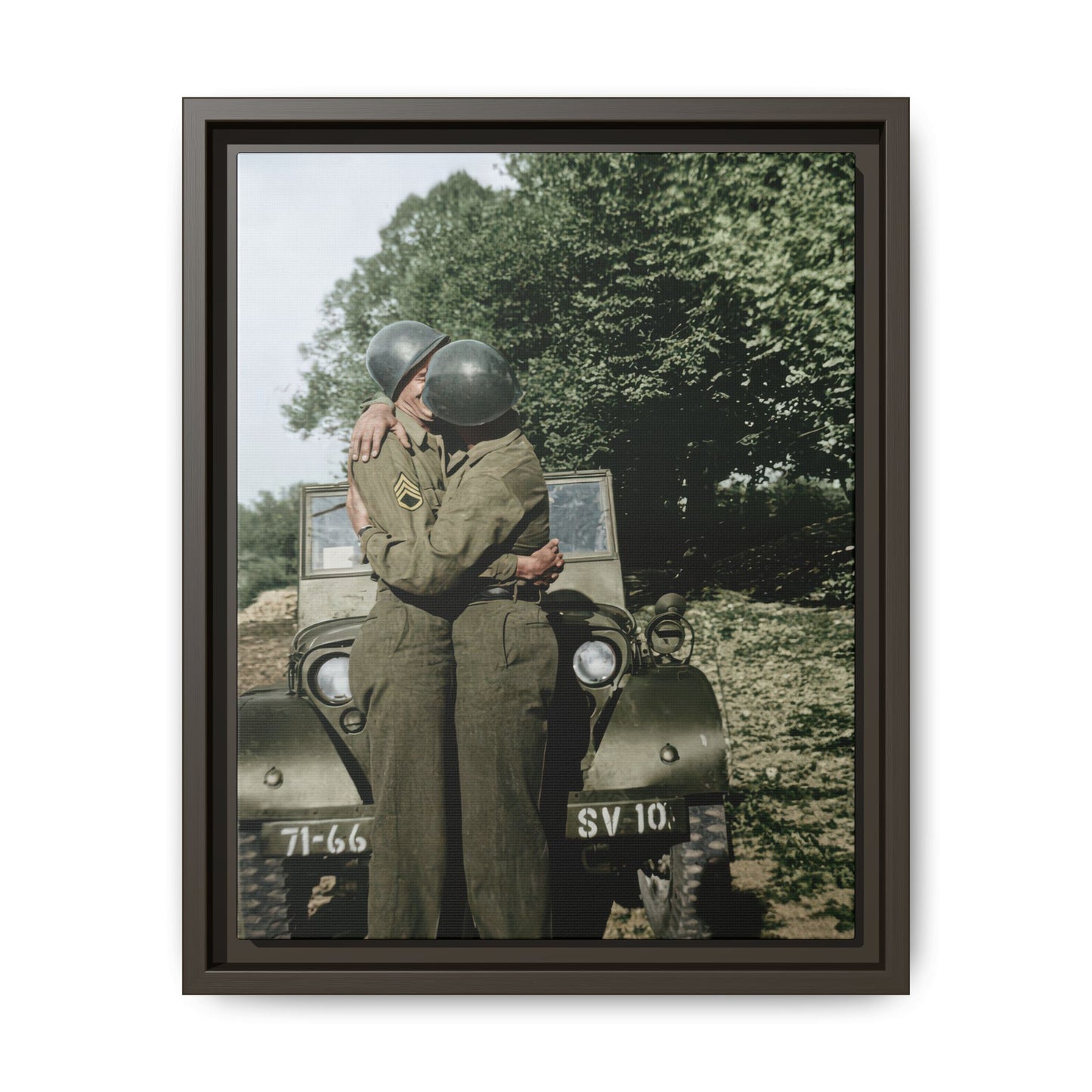 Historic military double portrait with steel helmets reproduced as framed canvas wall art