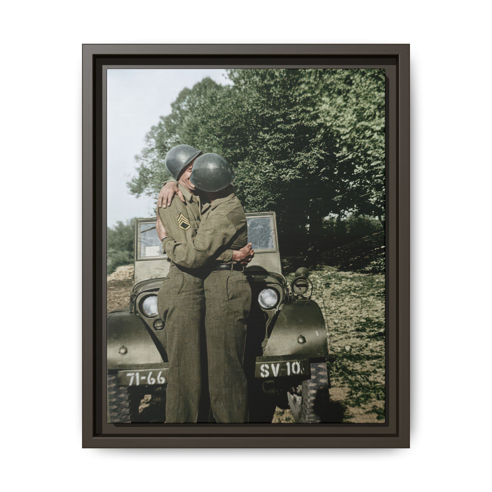 Historic military double portrait with steel helmets reproduced as framed canvas wall art