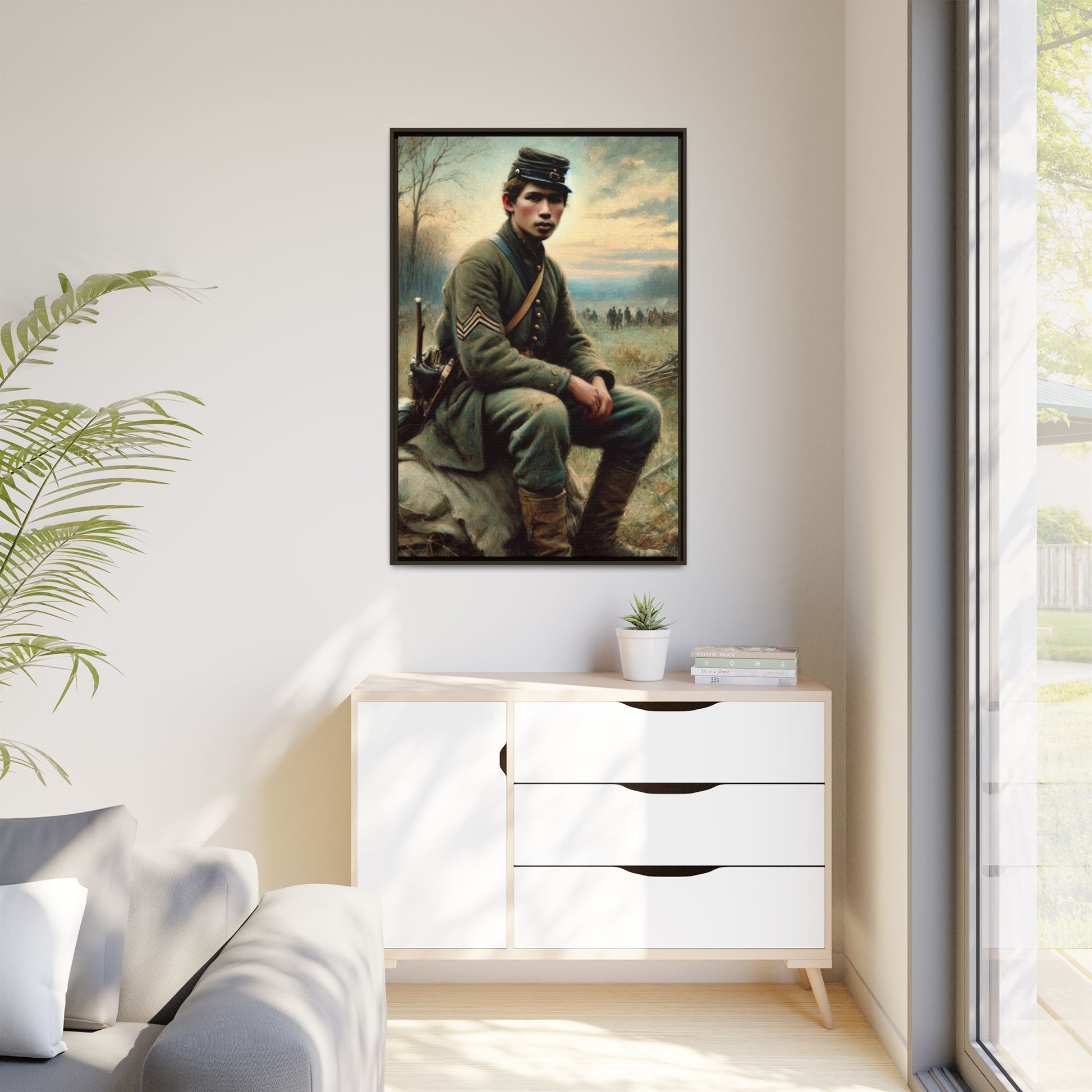 Framed artwork of a Civil War Union soldier inspired by Walt Whitman’s Leaves of Grass and Drum-Taps, depicting themes of sacrifice, strength, and vulnerability amidst a 19th-century battlefield.