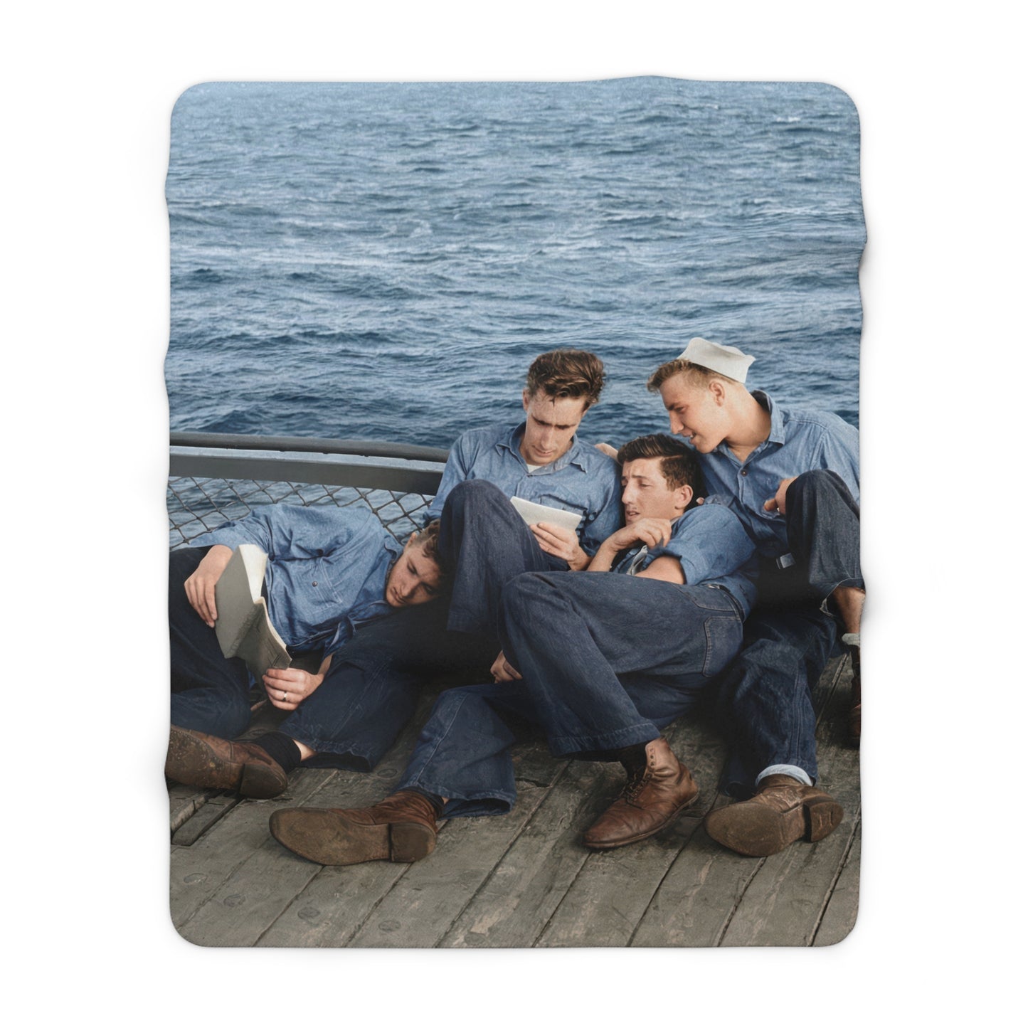 Vintage U.S. Navy leisure sherpa throw with restored historical maritime imagery 