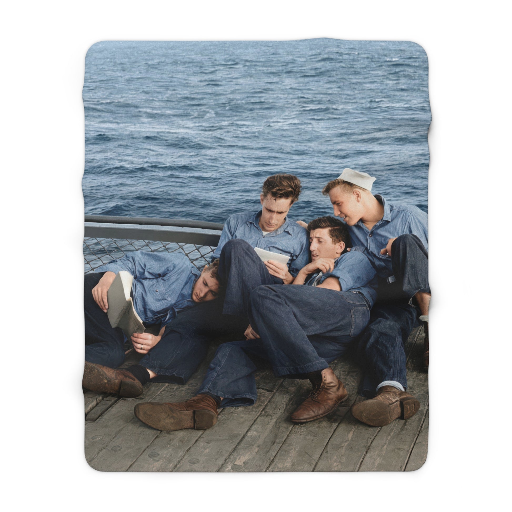 Vintage U.S. Navy leisure sherpa throw with restored historical maritime imagery 