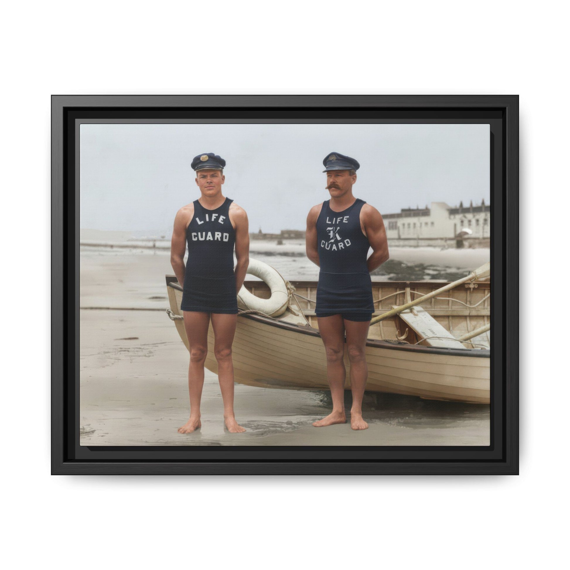 vintage lifeguards uniform beach photograph restored canvas 