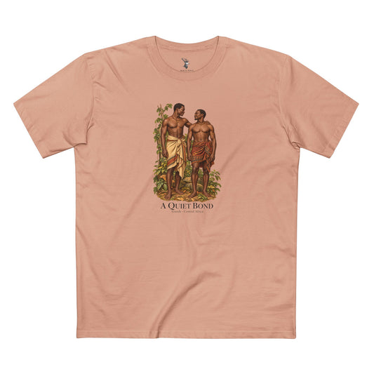Light T-shirt featuring two adult men together in a woodland setting, with charcoal lettering reading A Quiet Bond, Azande · Central Africa.
