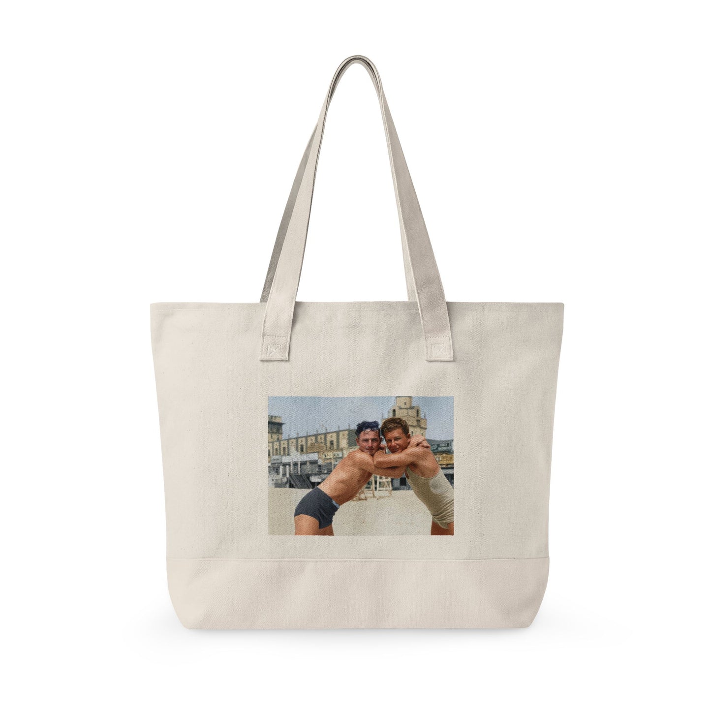 Restored beach photo tote with two men in swimwear 