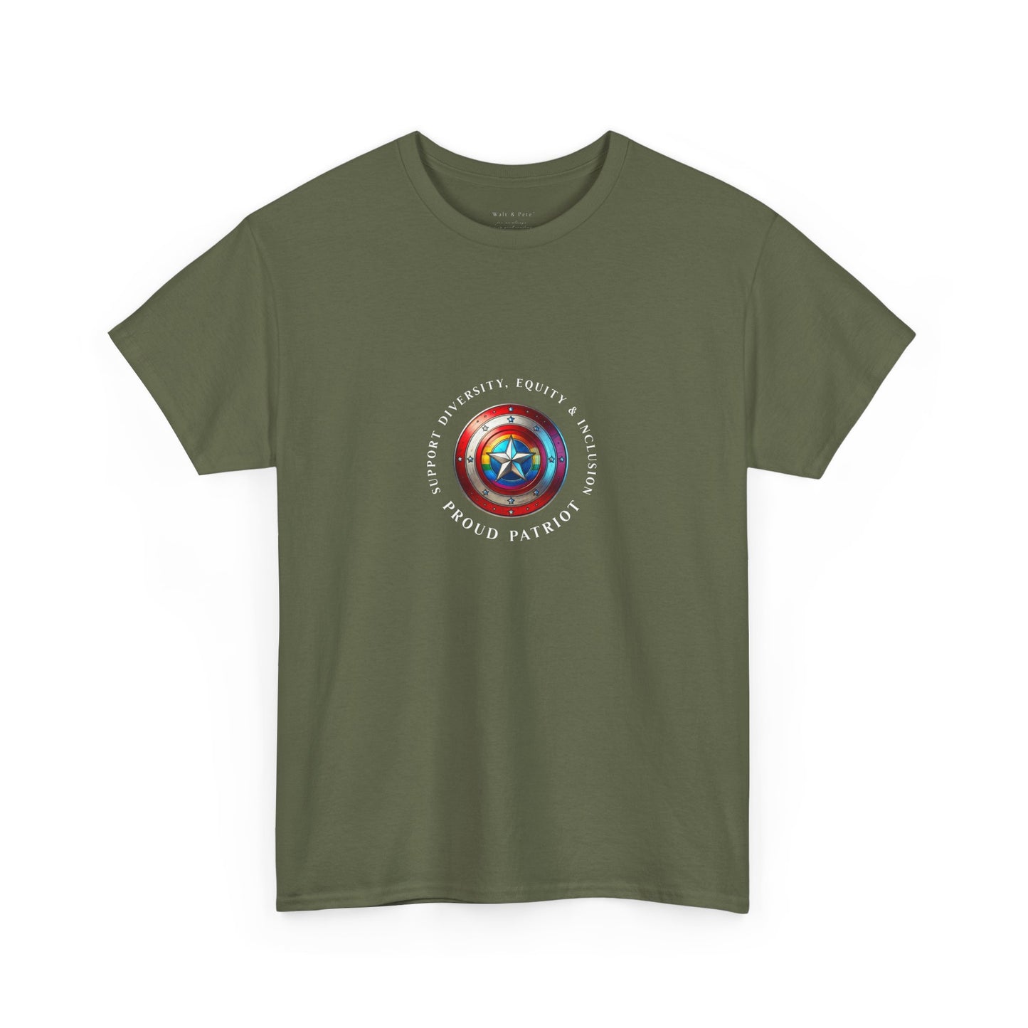 Vibrant DEI shield design on a unisex t-shirt celebrating diversity, equity, inclusion, and patriotism with a rainbow and star emblem.