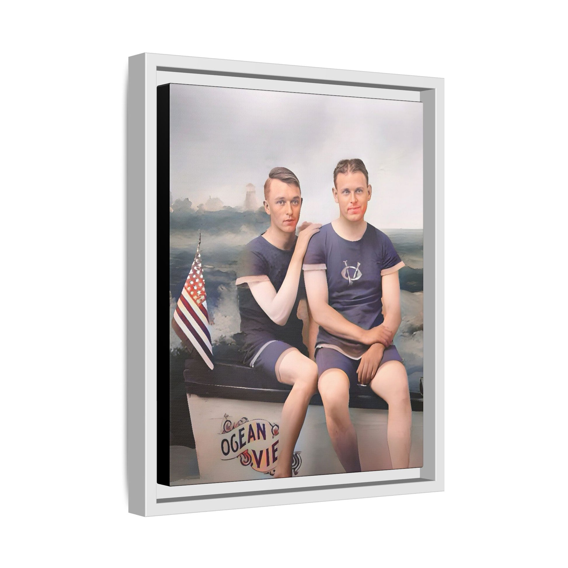 Restored vintage 1920s photo of Lee & Gerald, a gay couple in nautical swimwear by the ocean in Jacksonville FL, framed canvas art.