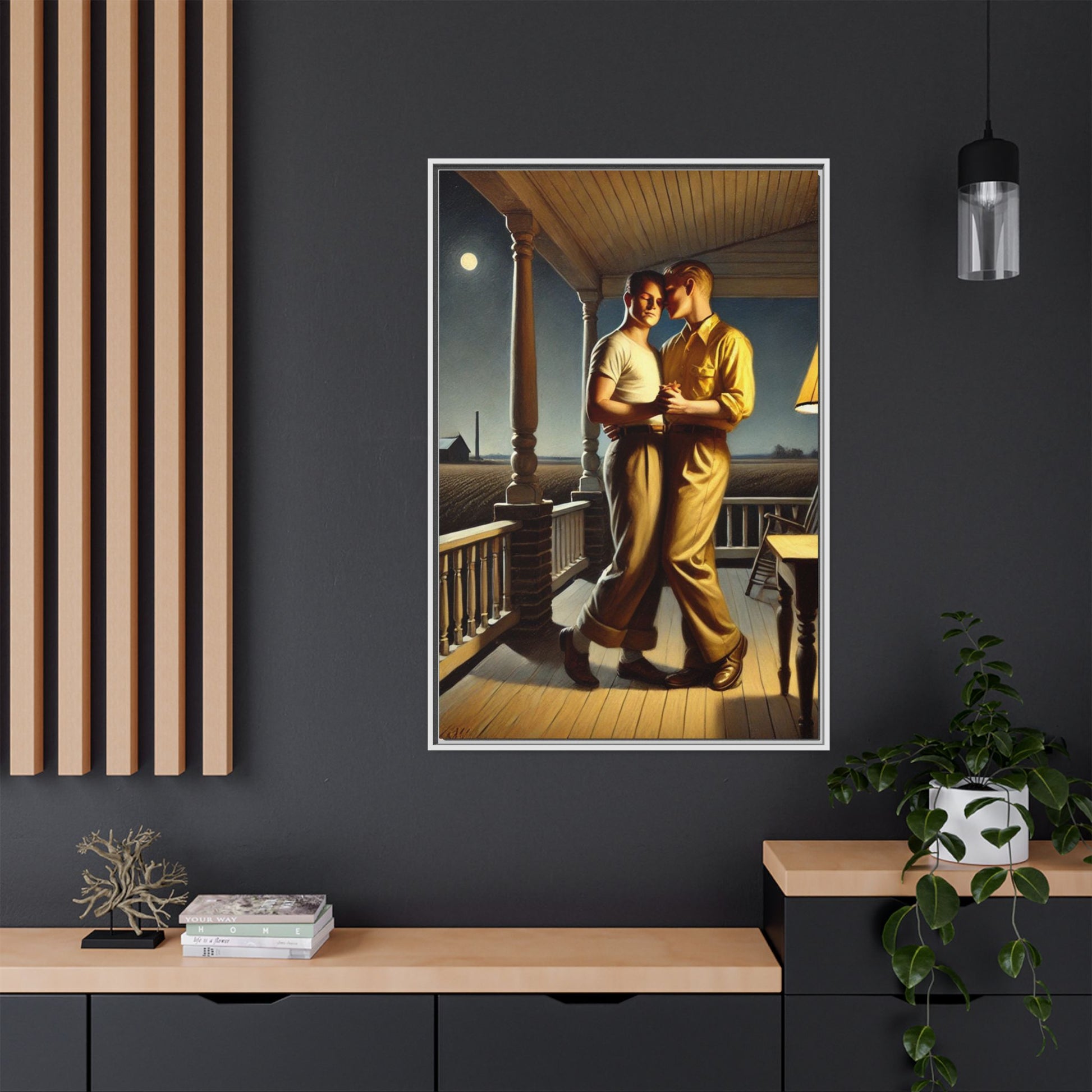 Artwork of a gay couple standing on a farmhouse porch under the moonlight, inspired by Grant Wood’s style.