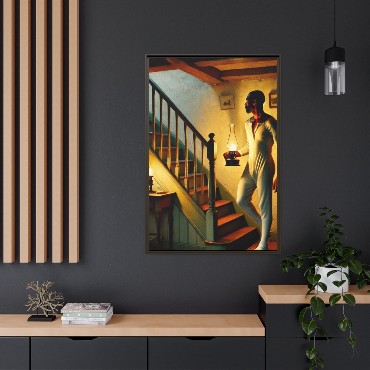 Framed artwork of an African-American man holding a lantern on a staircase, inspired by Grant Wood's style.