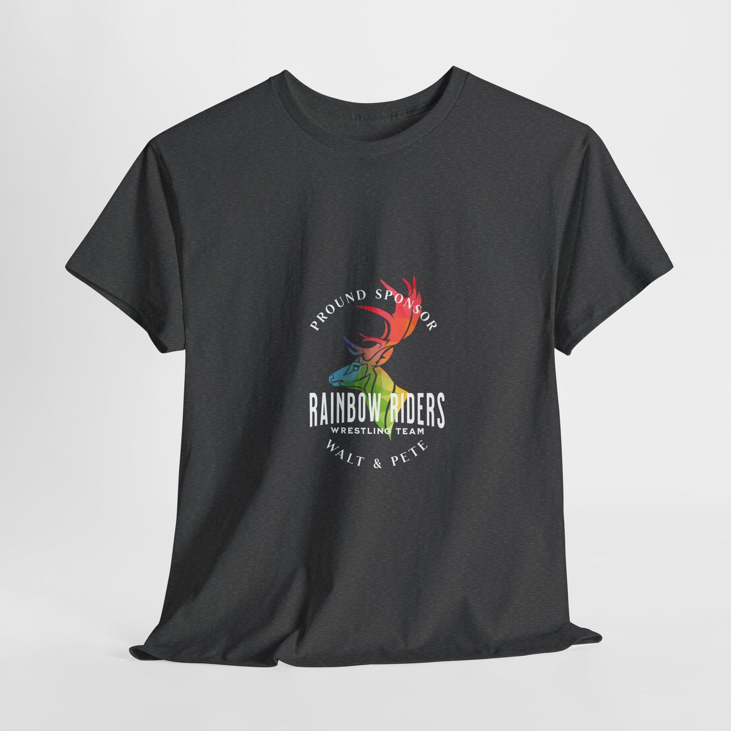 A bold and vibrant t-shirt featuring a majestic rainbow-themed deer/stag with the text 'Proud Sponsor Rainbow Riders Wrestling Team.' This striking design celebrates LGBTQ+ pride, inclusivity, and resilience, perfect for pride events, community gatherings, or showing your support for equality and diversity