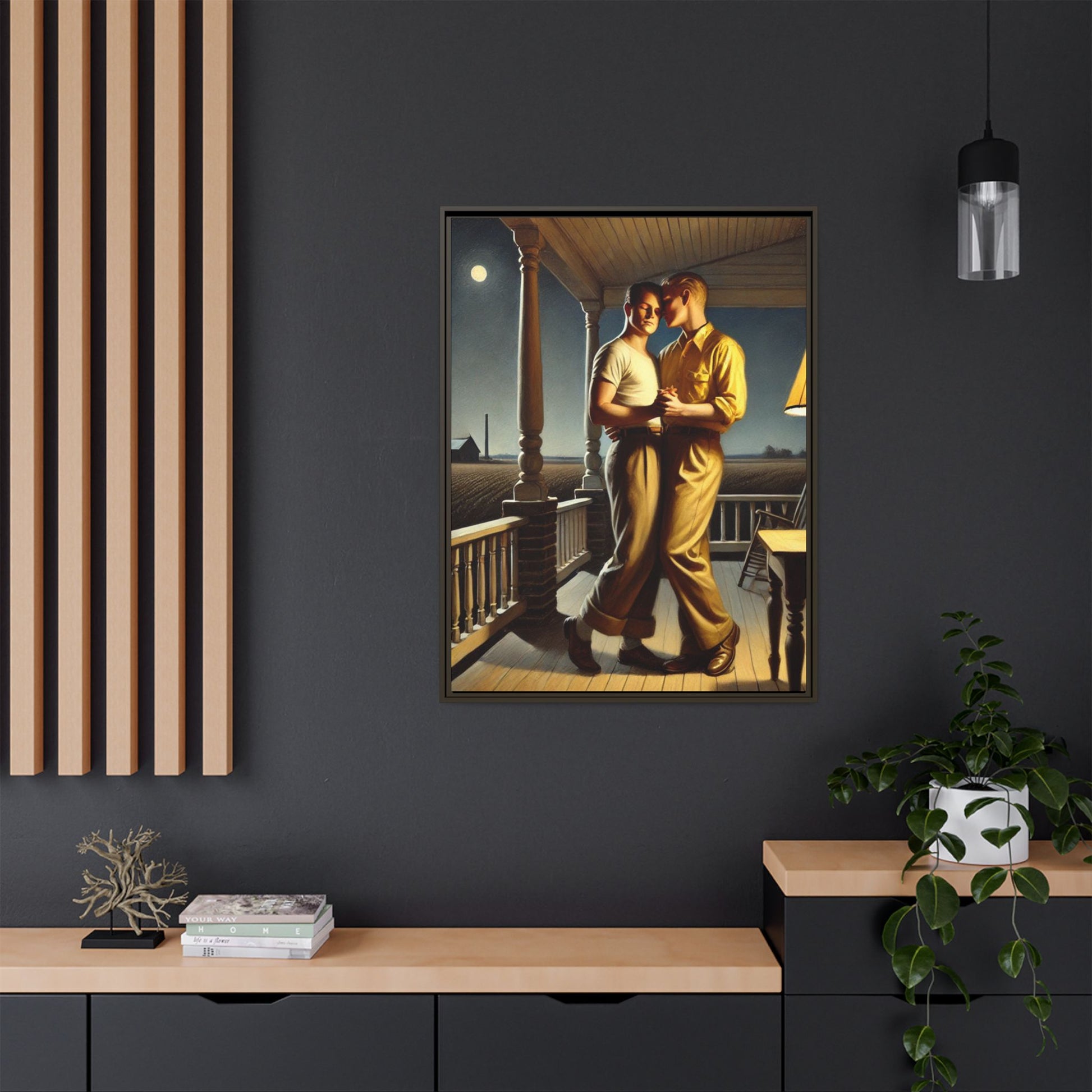 Artwork of a gay couple standing on a farmhouse porch under the moonlight, inspired by Grant Wood’s style.