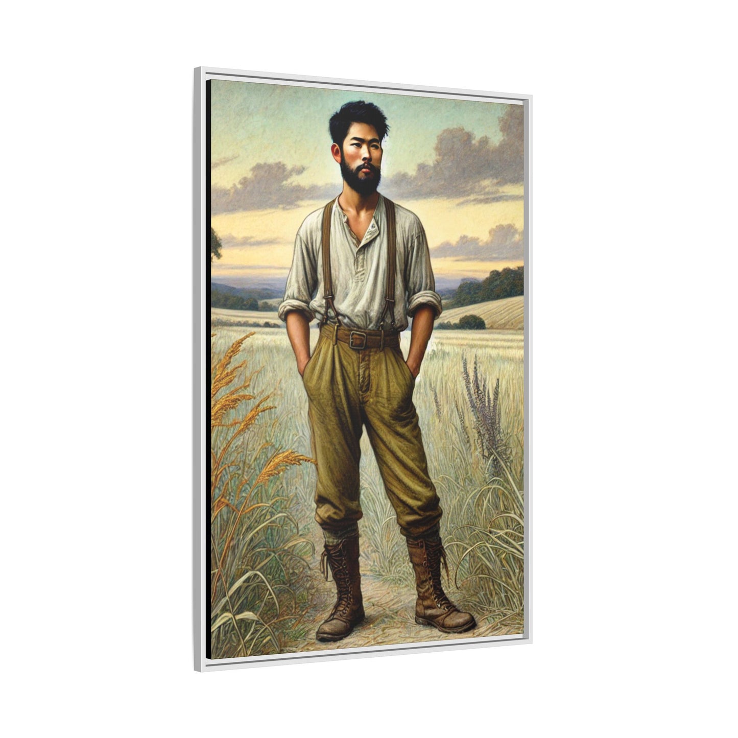 Framed artwork of an Asian-American farmer in 19th-century attire, inspired by Walt Whitman’s Leaves of Grass and Song of Myself, set against a serene rural backdrop of golden wheat fields and rolling hills.