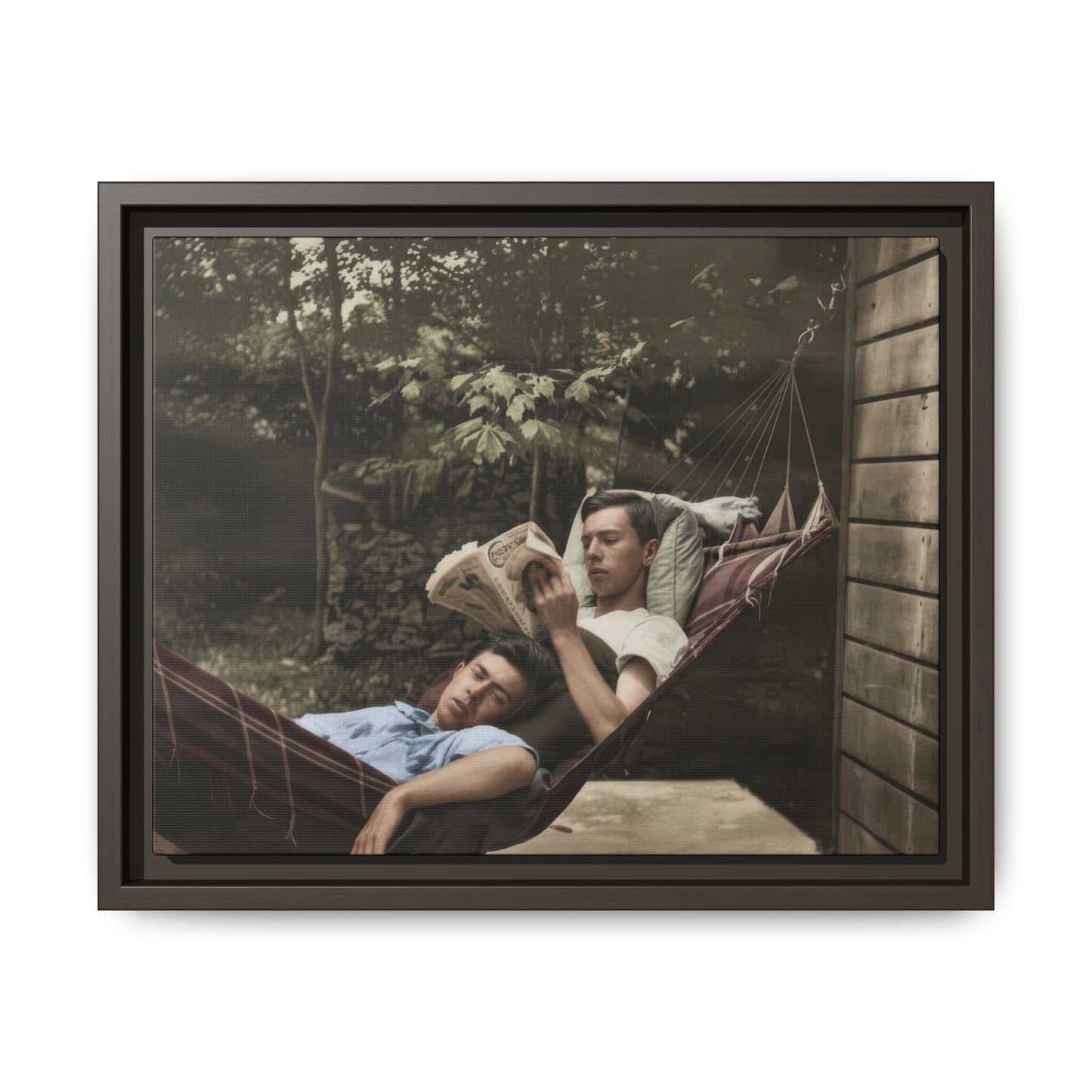 Mid-century outdoor paired portrait of two men in a hammock surrounded by foliage and rustic architecture