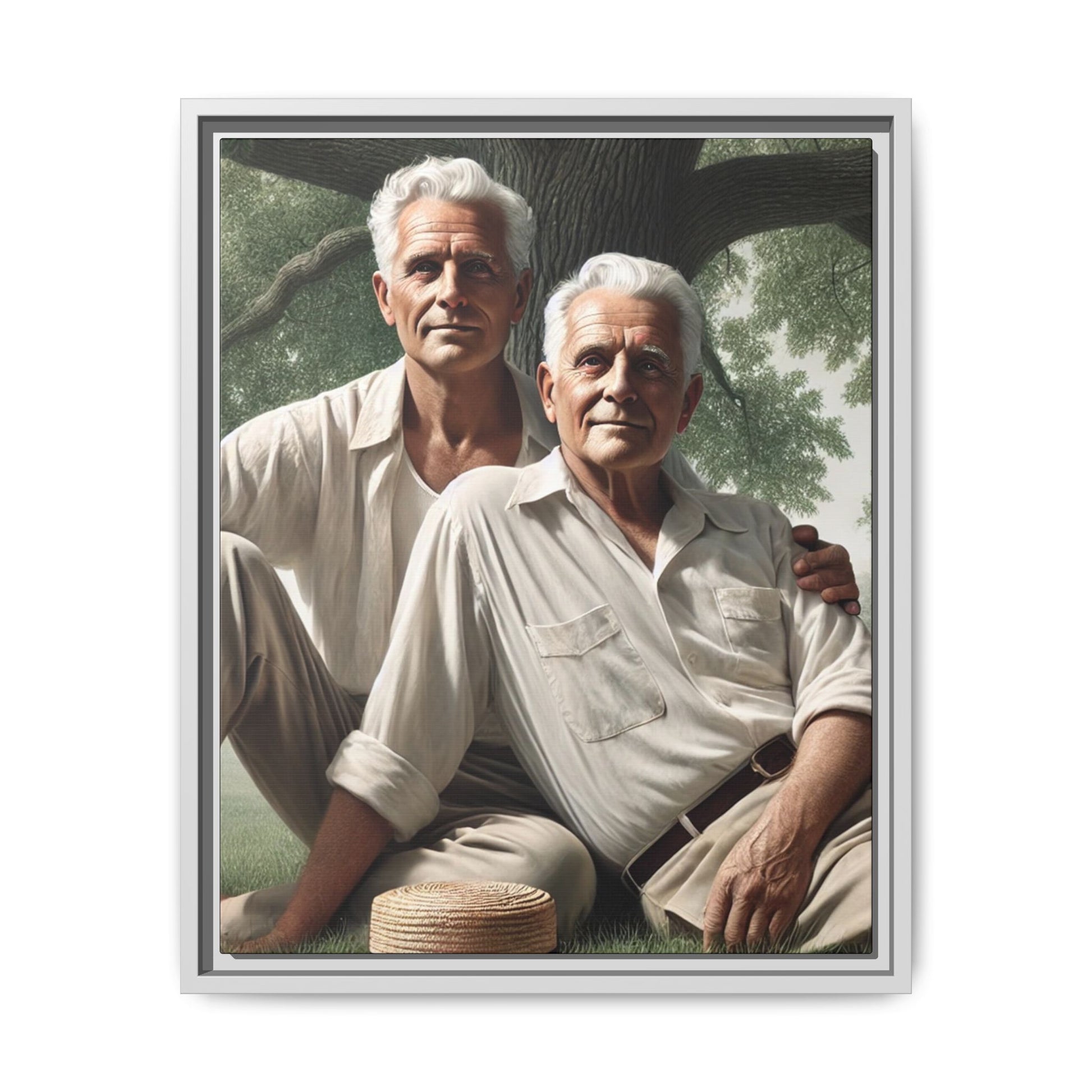 Hyper-realistic painting of an elderly gay couple in 1930s vintage attire under a leafy tree, celebrating love and resilience.