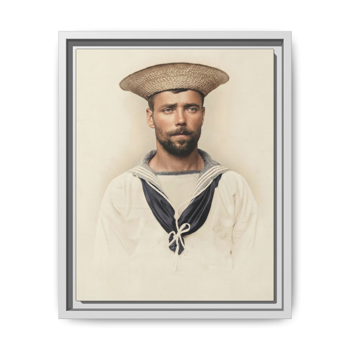 Célibataire 020 male portrait with a textured straw hat, beard and mustache, and softly rendered cream clothing.