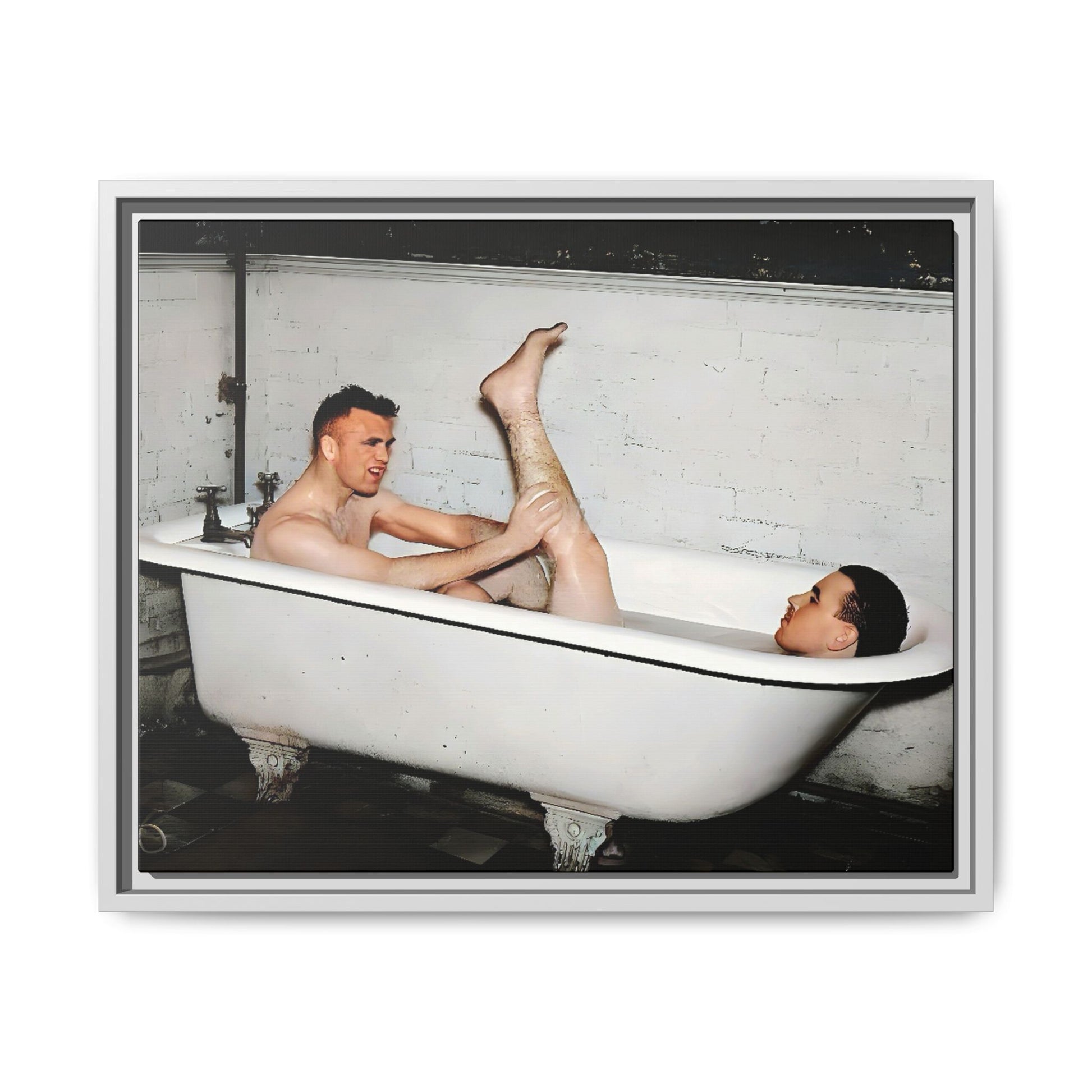 Restored vintage photo of Leon & Michael, a playful gay couple in a clawfoot bathtub, early 20th century, framed canvas.