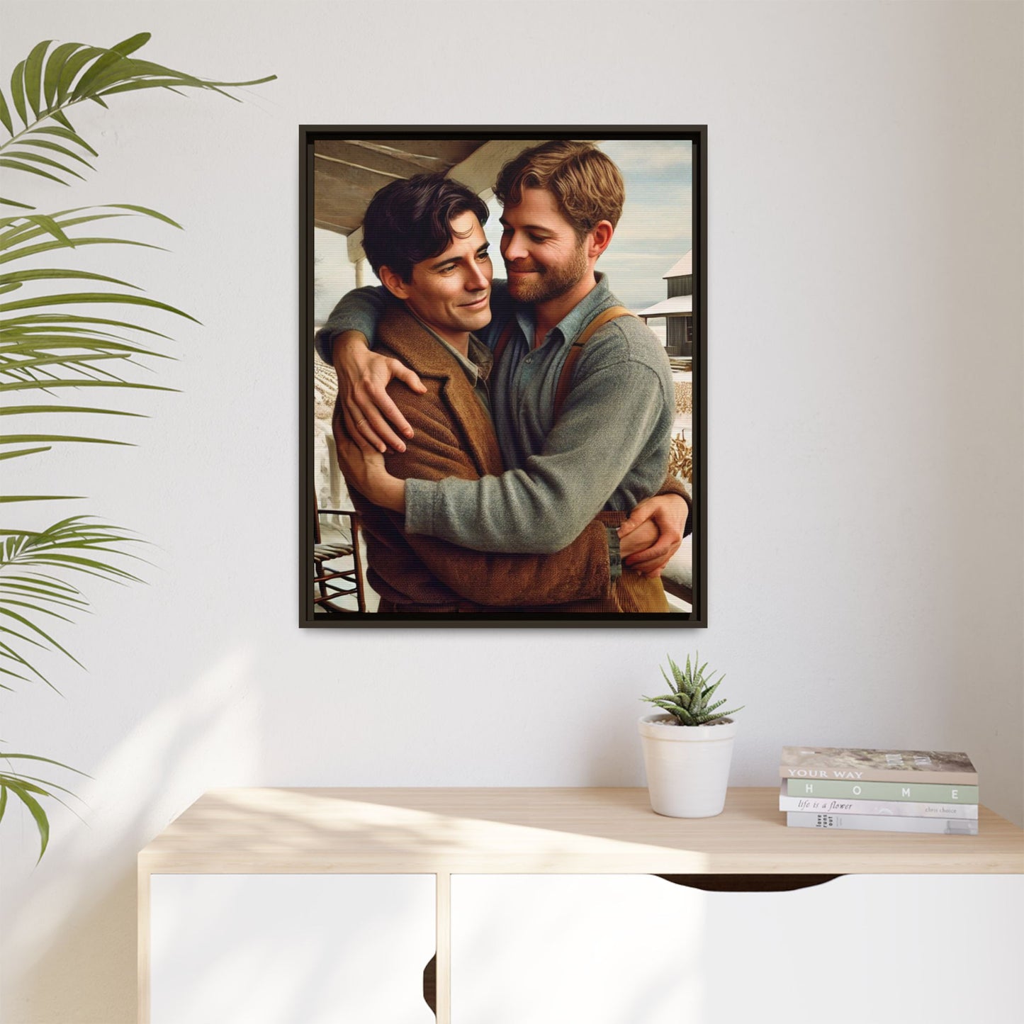 Artwork of a tender moment between two men embracing on a rustic farm porch in 1930s-style clothing. Set against a snowy, vintage rural backdrop, this image captures LGBTQ+ love and connection with a nostalgic Americana feel