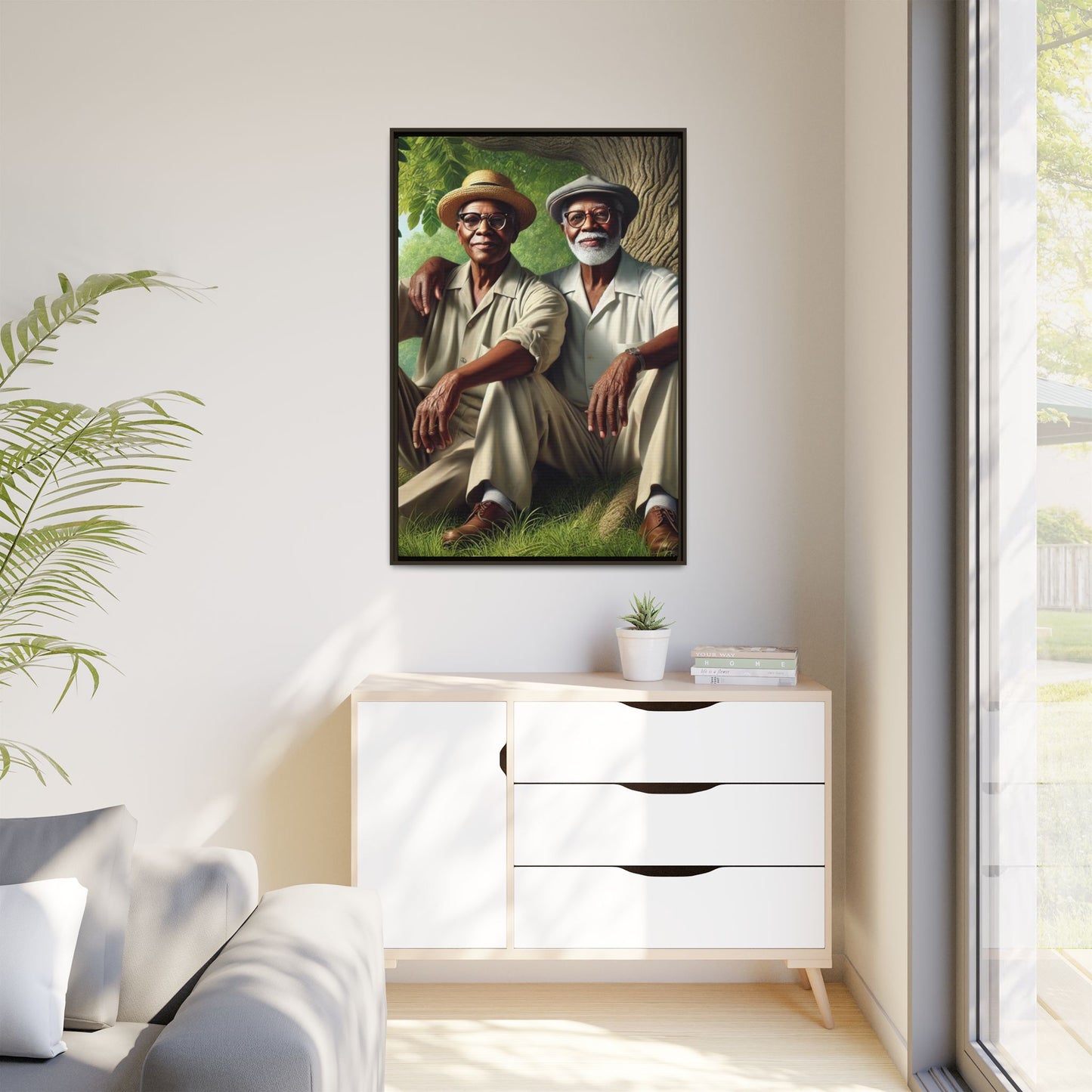 Framed artwork of a gay African-American couple in Cedar Rapids, Iowa, 1930s, celebrating love and resilience.