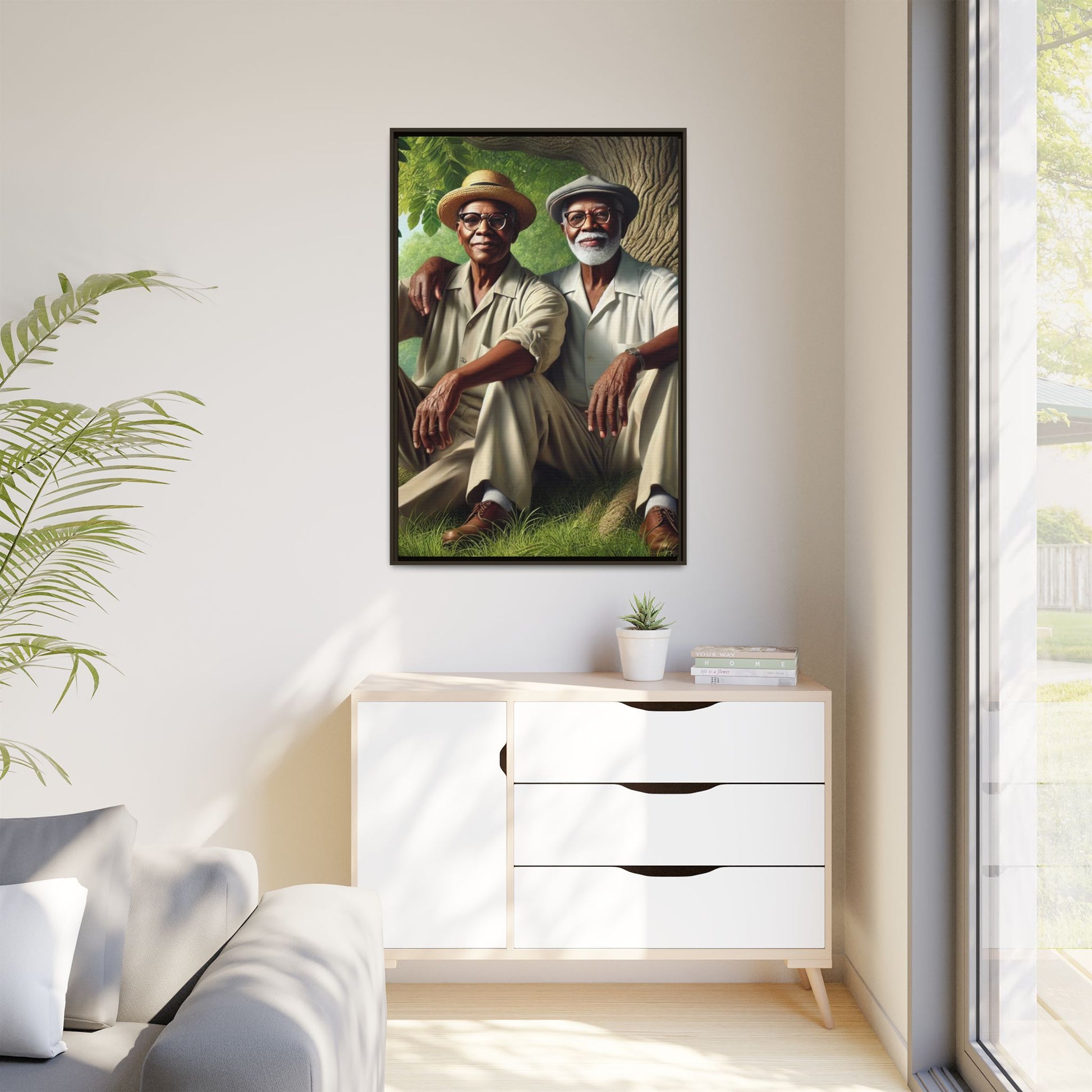 Framed artwork of a gay African-American couple in Cedar Rapids, Iowa, 1930s, celebrating love and resilience.