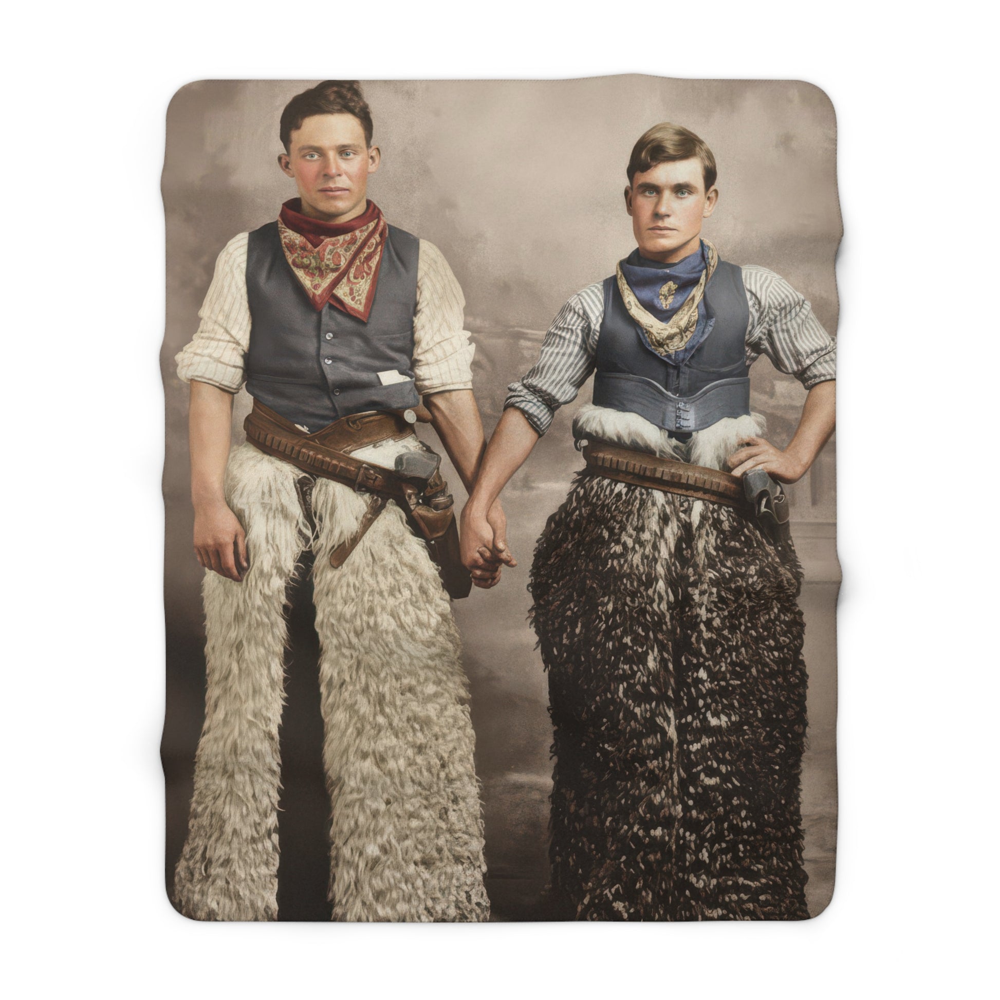 Cozy fleece sherpa throw featuring two young men in historical western attire 