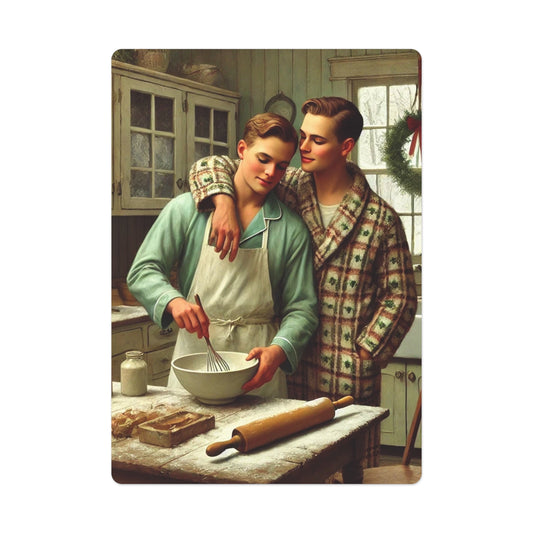 A cozy Christmas morning scene of two gay boyfriends baking in a vintage kitchen, celebrating love, holiday traditions, and festive warmth.