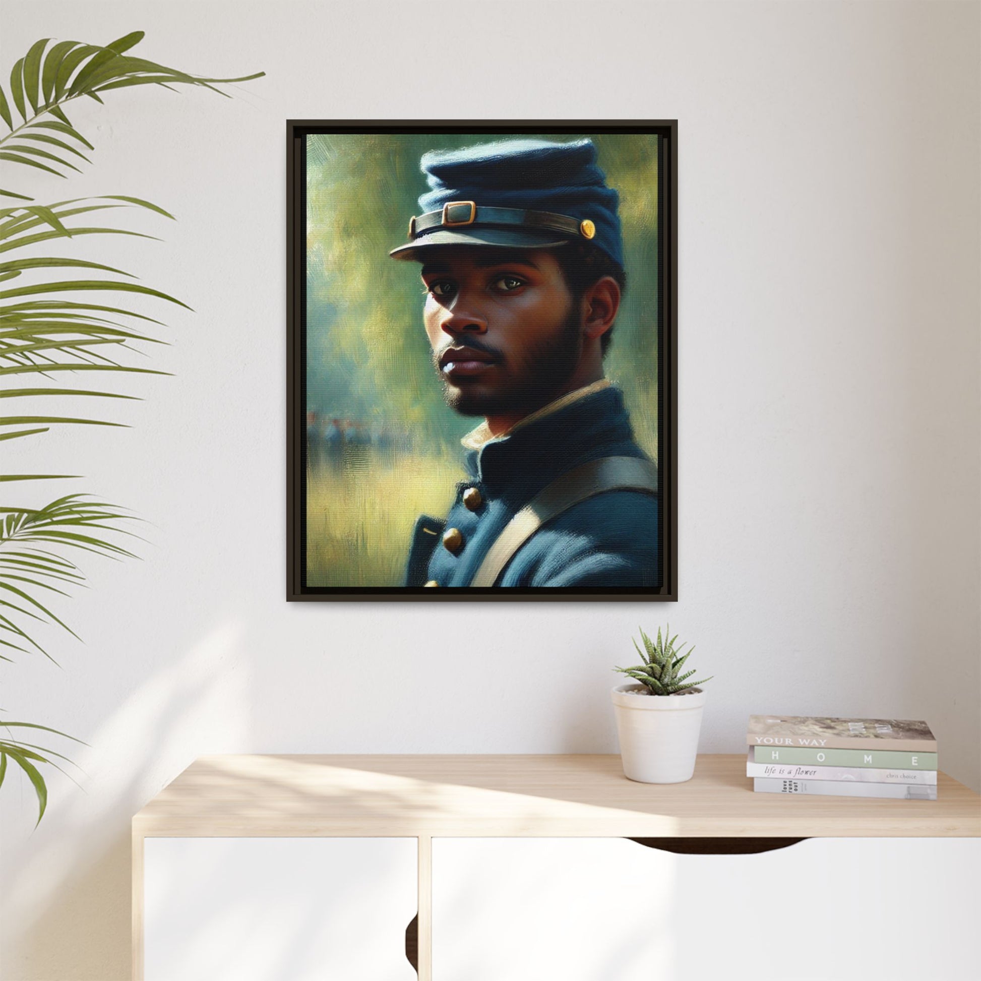 Portrait of an African American Civil War Union soldier in a kepi and navy wool coat, inspired by Walt Whitman’s Drum-Taps, honoring bravery, sacrifice, and resilience.