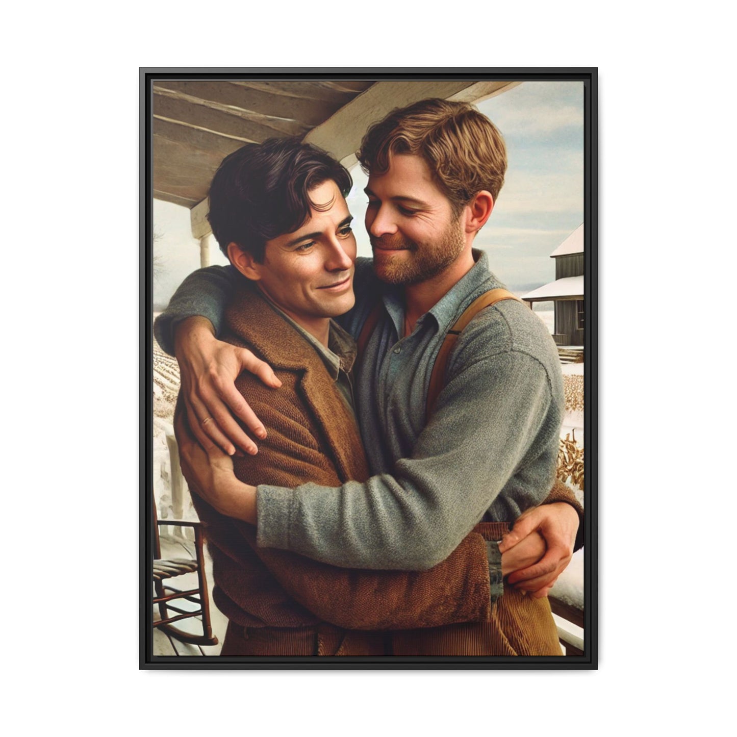 Artwork of a tender moment between two men embracing on a rustic farm porch in 1930s-style clothing. Set against a snowy, vintage rural backdrop, this image captures LGBTQ+ love and connection with a nostalgic Americana feel