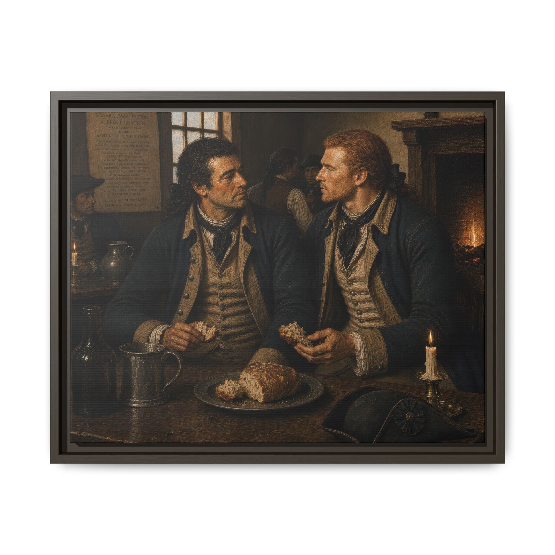 Continental Army soldiers seated at a tavern table beneath Washington's Yorktown proclamation in a Revolutionary War historical portrait.