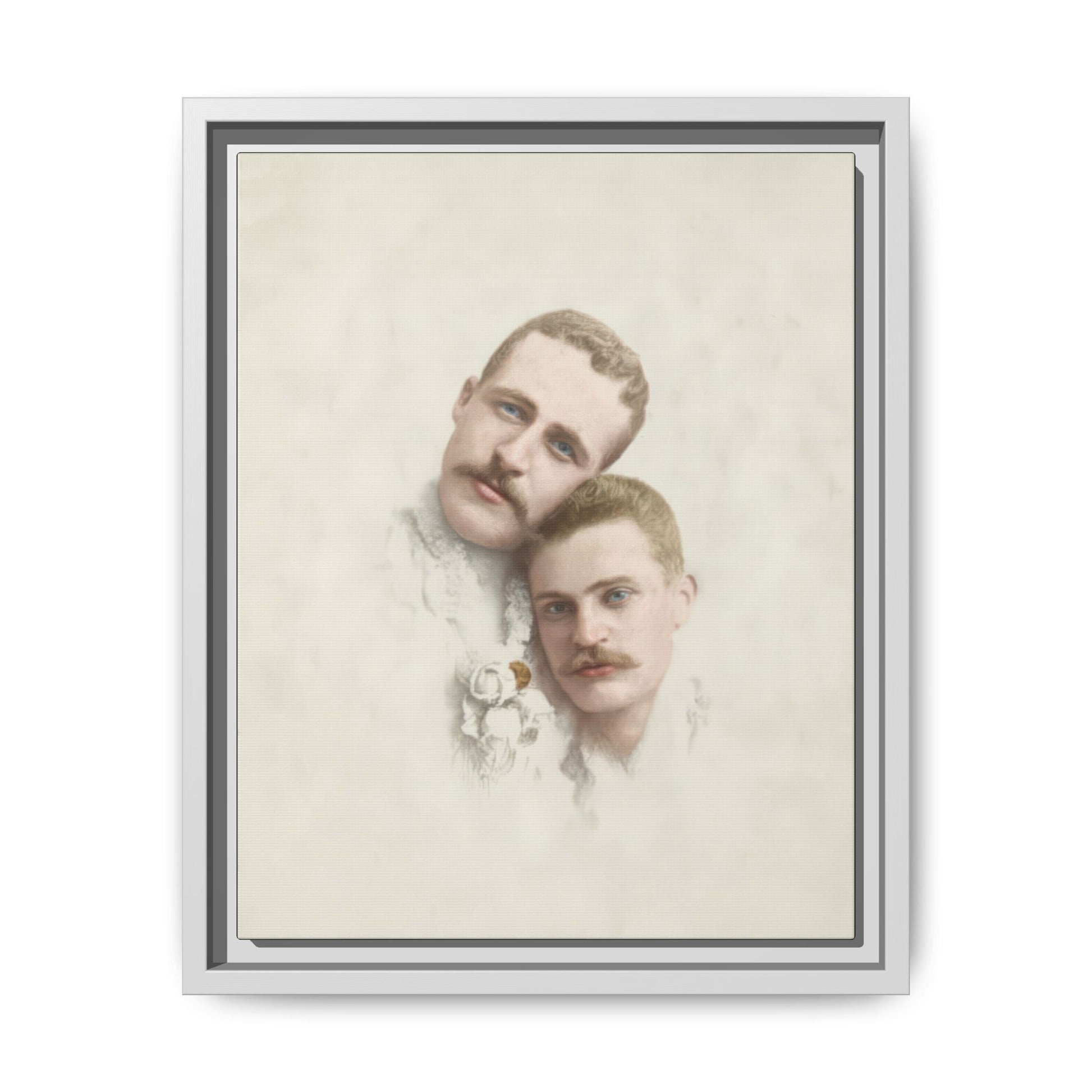 Vintage portrait showing two mustached figures with floral detail in a soft keepsake-style image