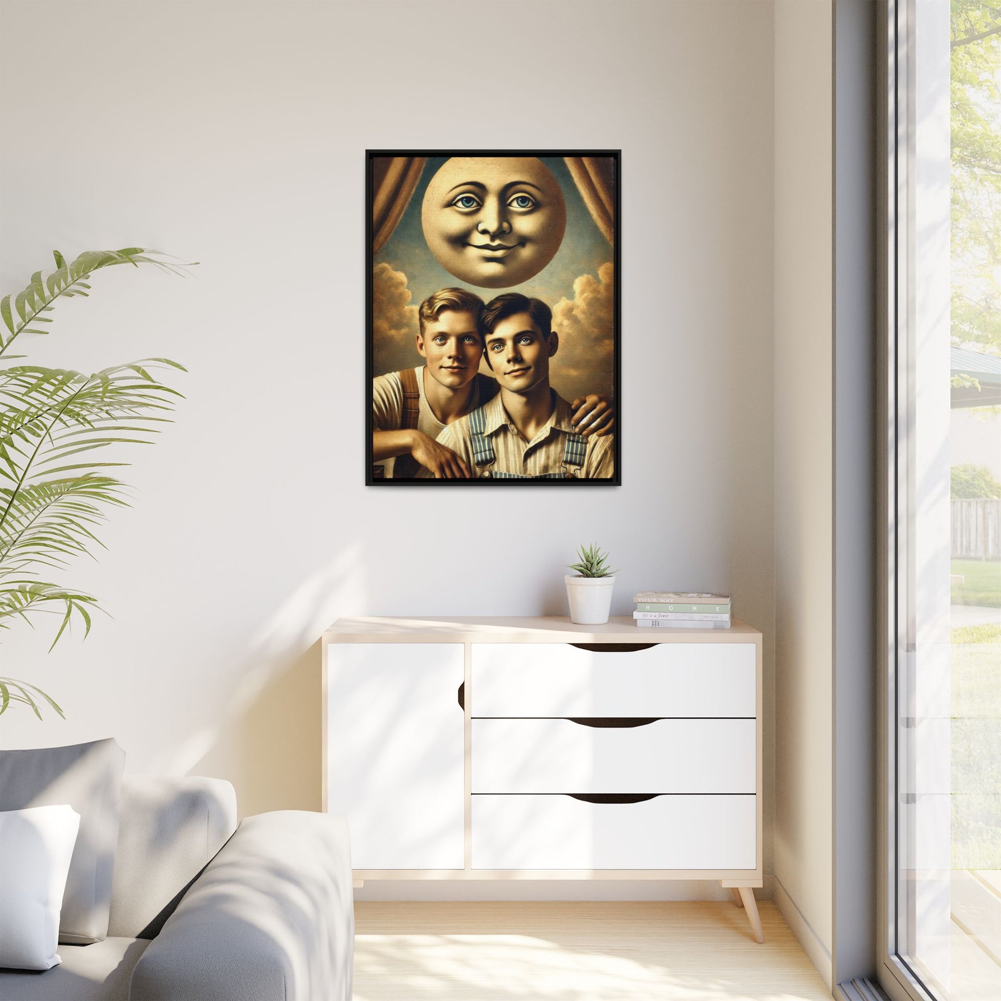 Framed matte canvas portrait featuring two young men in vintage overalls with a crescent moon prop above them. This artwork from the Missing Art Studies series reclaims LGBTQ+ imagery that may have been lost to bias, presenting warmth, intimacy, and presence.