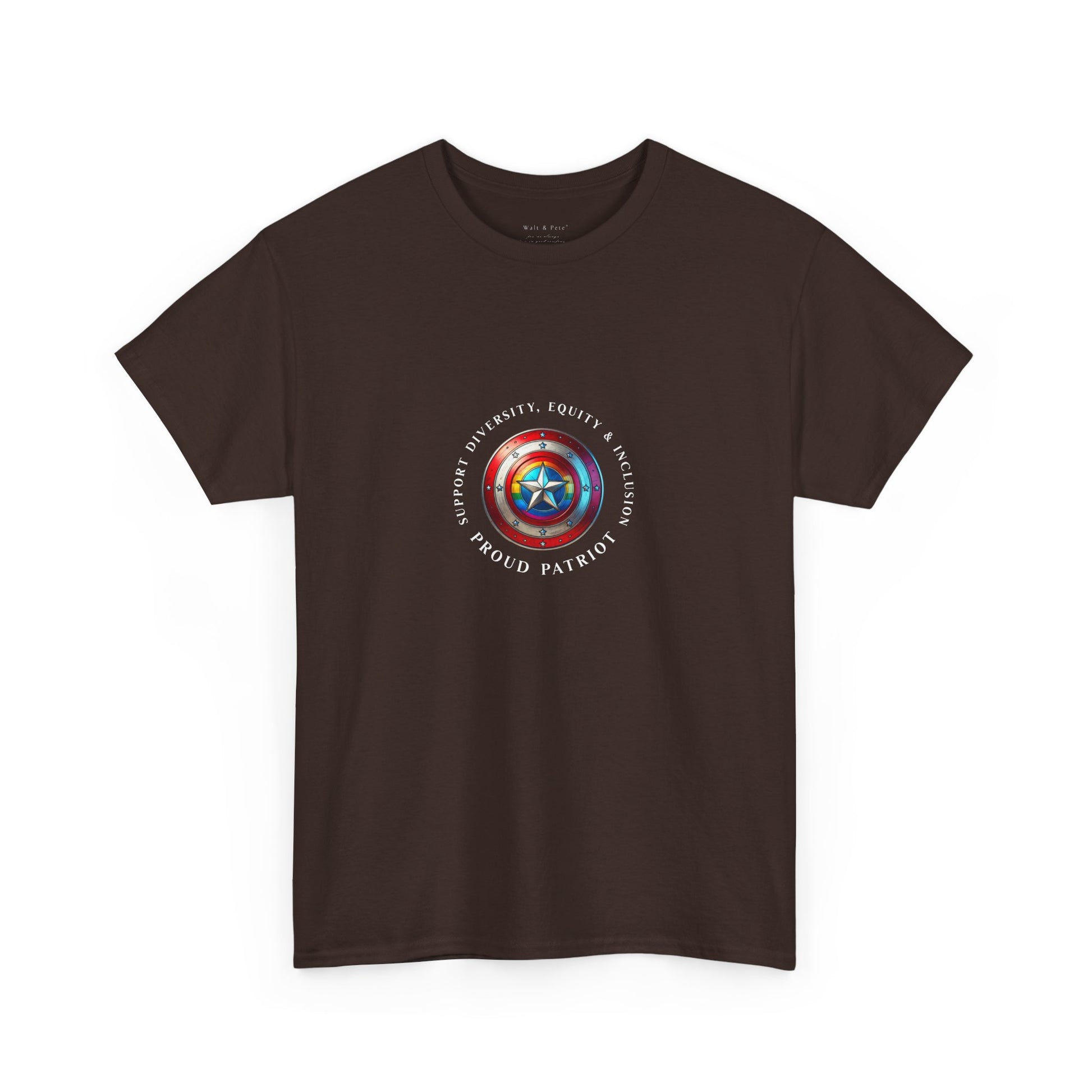 Vibrant DEI shield design on a unisex t-shirt celebrating diversity, equity, inclusion, and patriotism with a rainbow and star emblem.