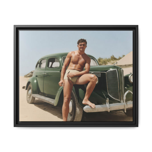Museum-quality vintage photography wall art with antique automobile and coastal beach scene on framed canvas