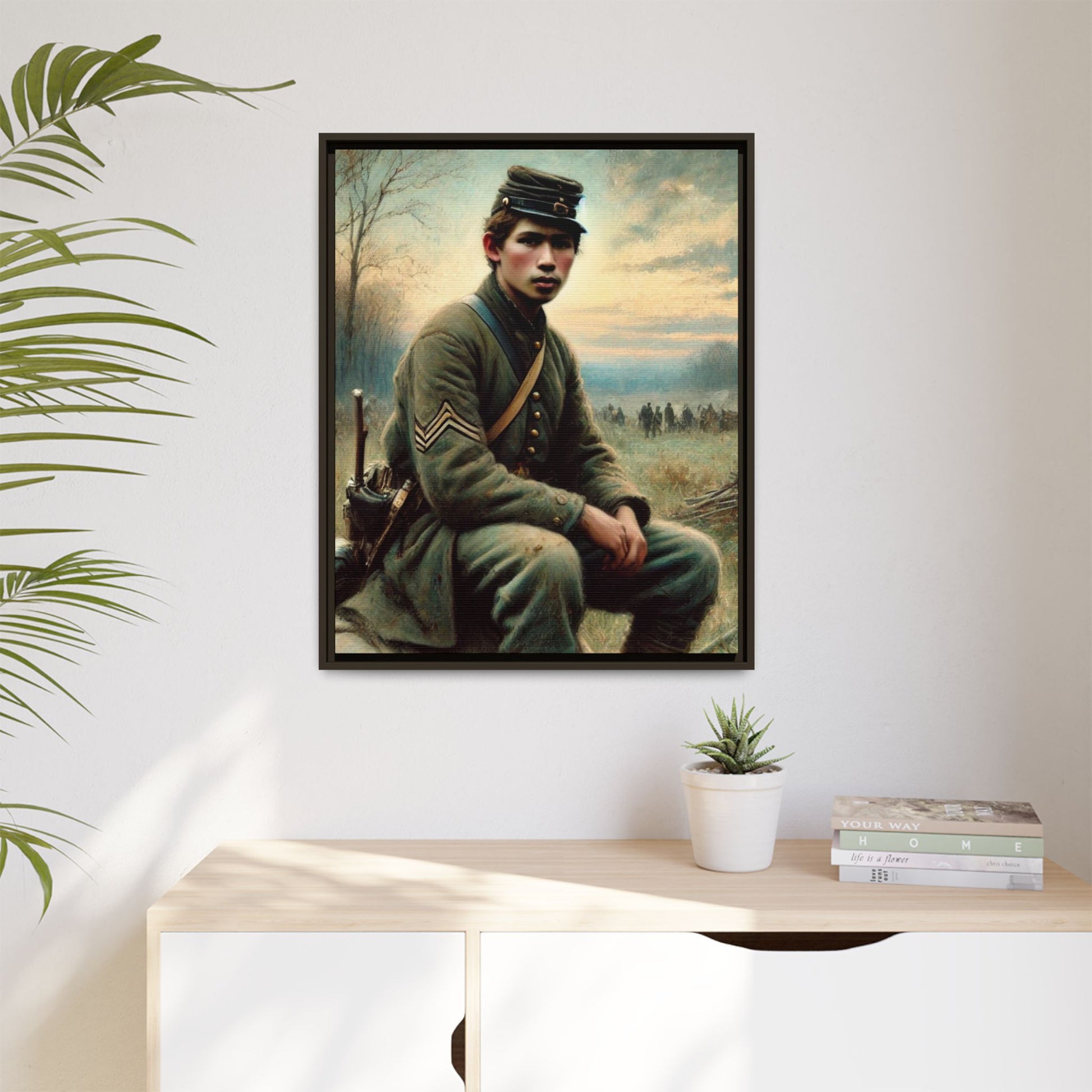 Framed artwork of a Civil War Union soldier inspired by Walt Whitman’s Leaves of Grass and Drum-Taps, depicting themes of sacrifice, strength, and vulnerability amidst a 19th-century battlefield.