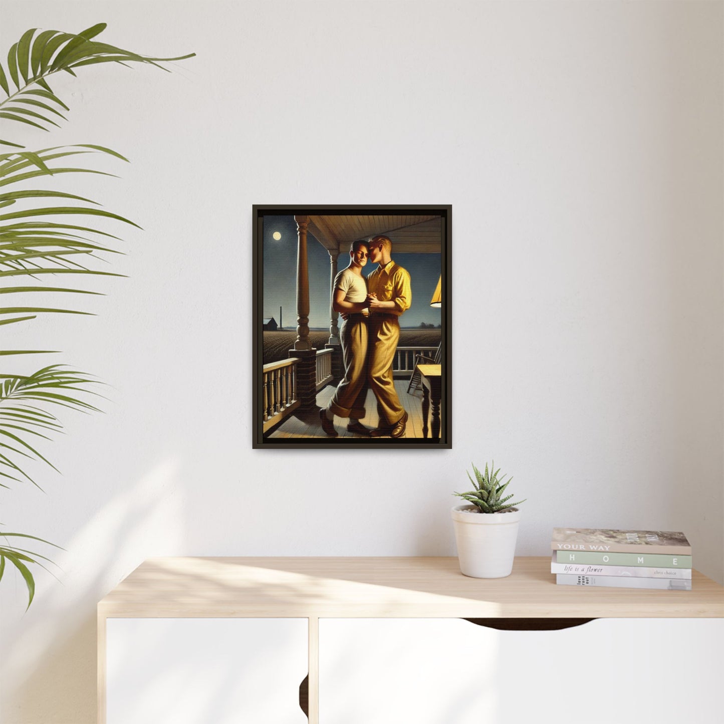 Artwork of a gay couple standing on a farmhouse porch under the moonlight, inspired by Grant Wood’s style.